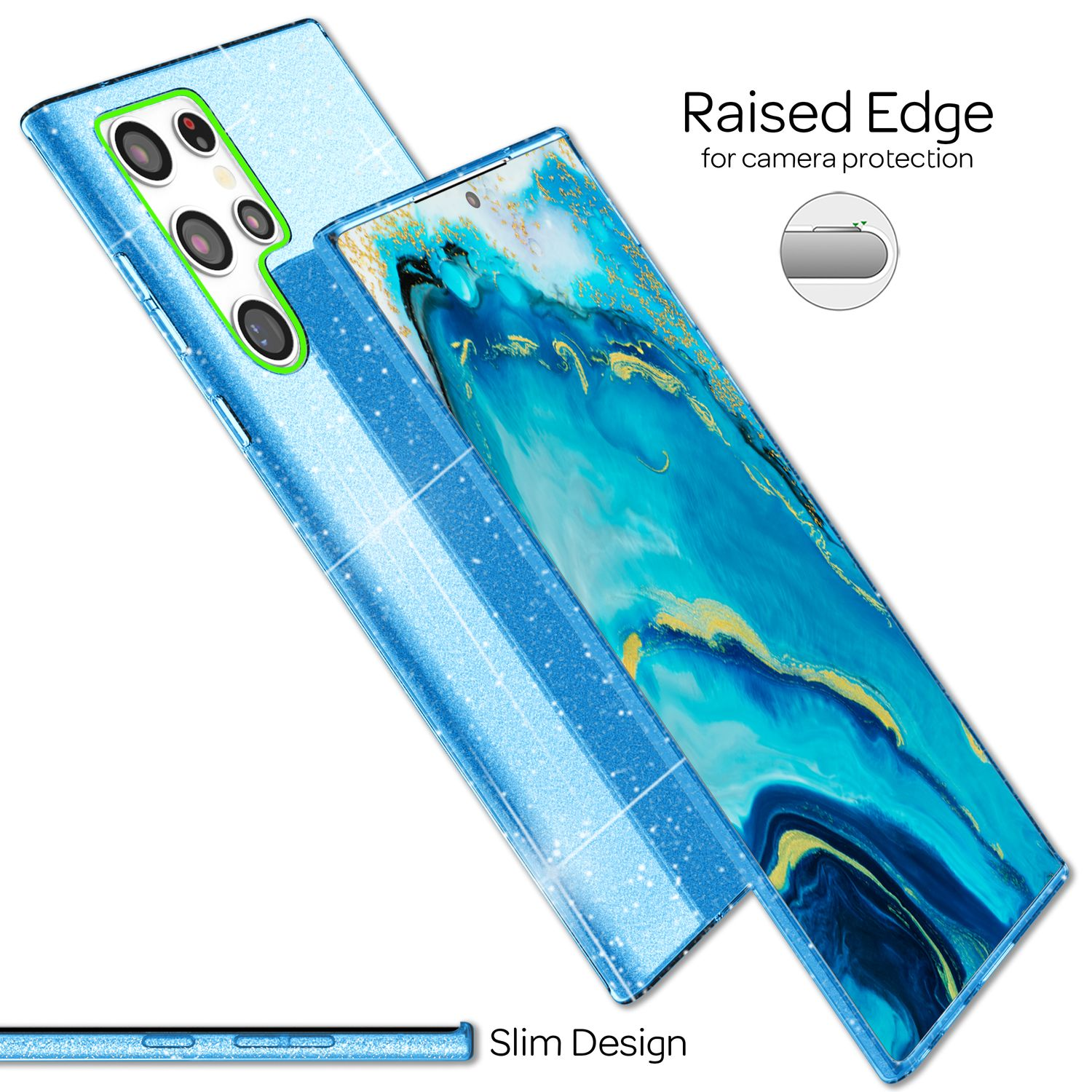 Blaue Telefonhülle mit Design. Die Hülle befindet sich auf einem Telefon.