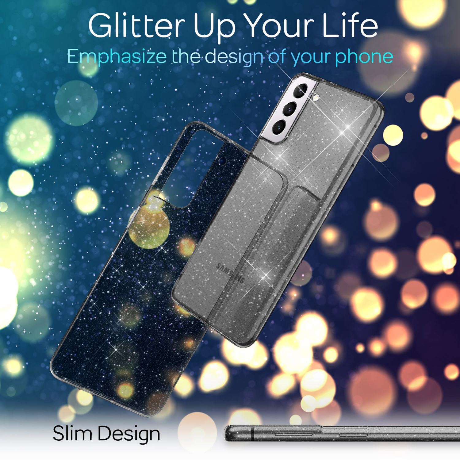 Handyhülle mit Glitzerdesign, bedeckt ein Telefon. Bokeh-Hintergrund und Text.
