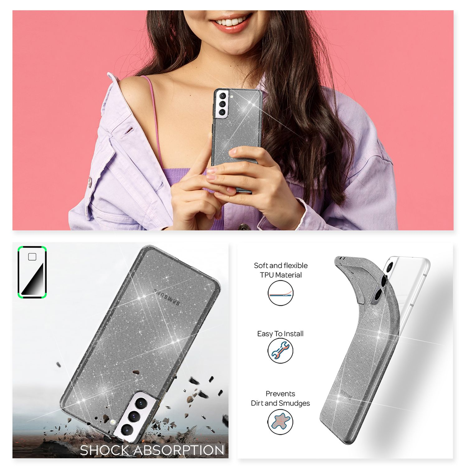 Frau hält Telefon mit Hülle. Hülle ist silber mit Glitzer. Text sagt weiches und flexibles TPU.