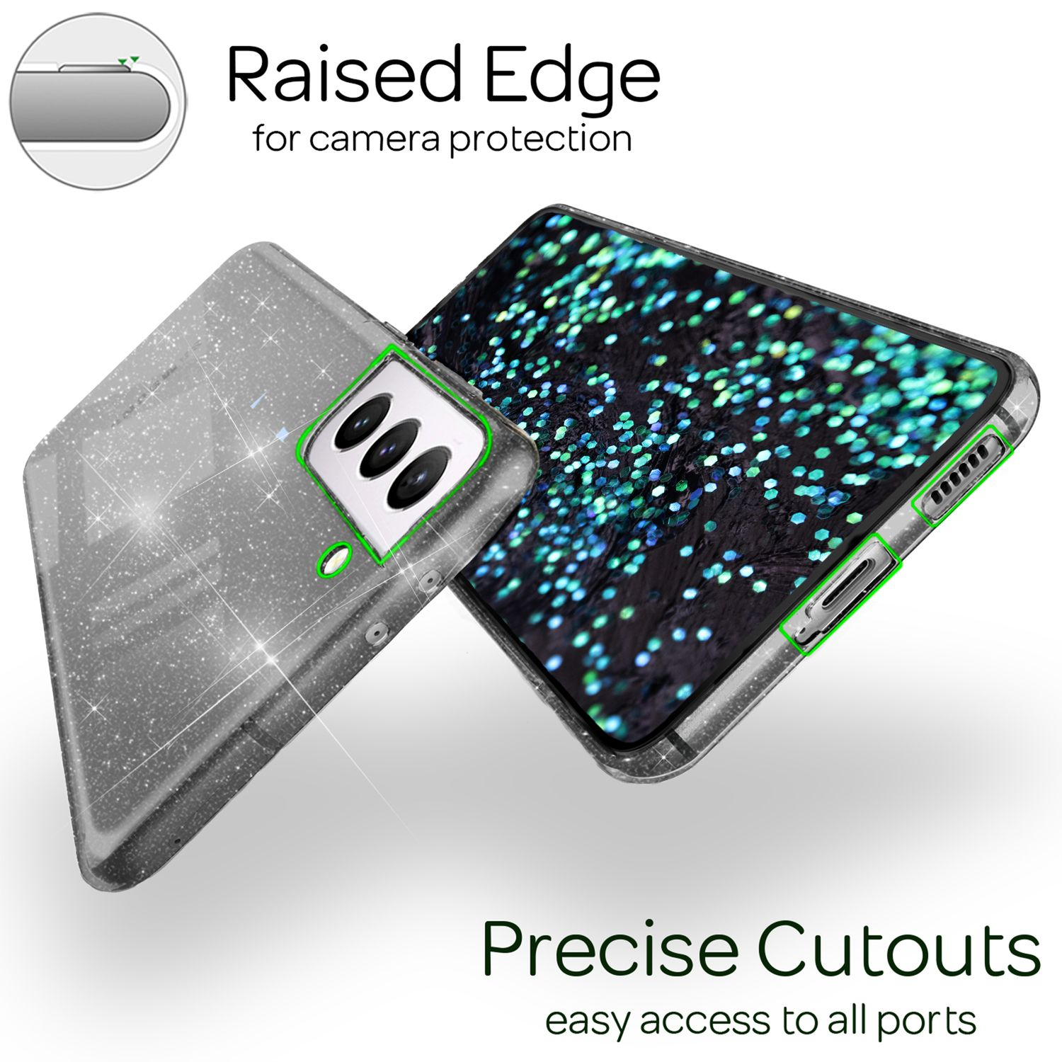 Eine Handyhülle zeigt ein Telefon im Inneren. Die Hülle ist transparent mit Glitzer, und der Text erwähnt 'Raised Edge'.
