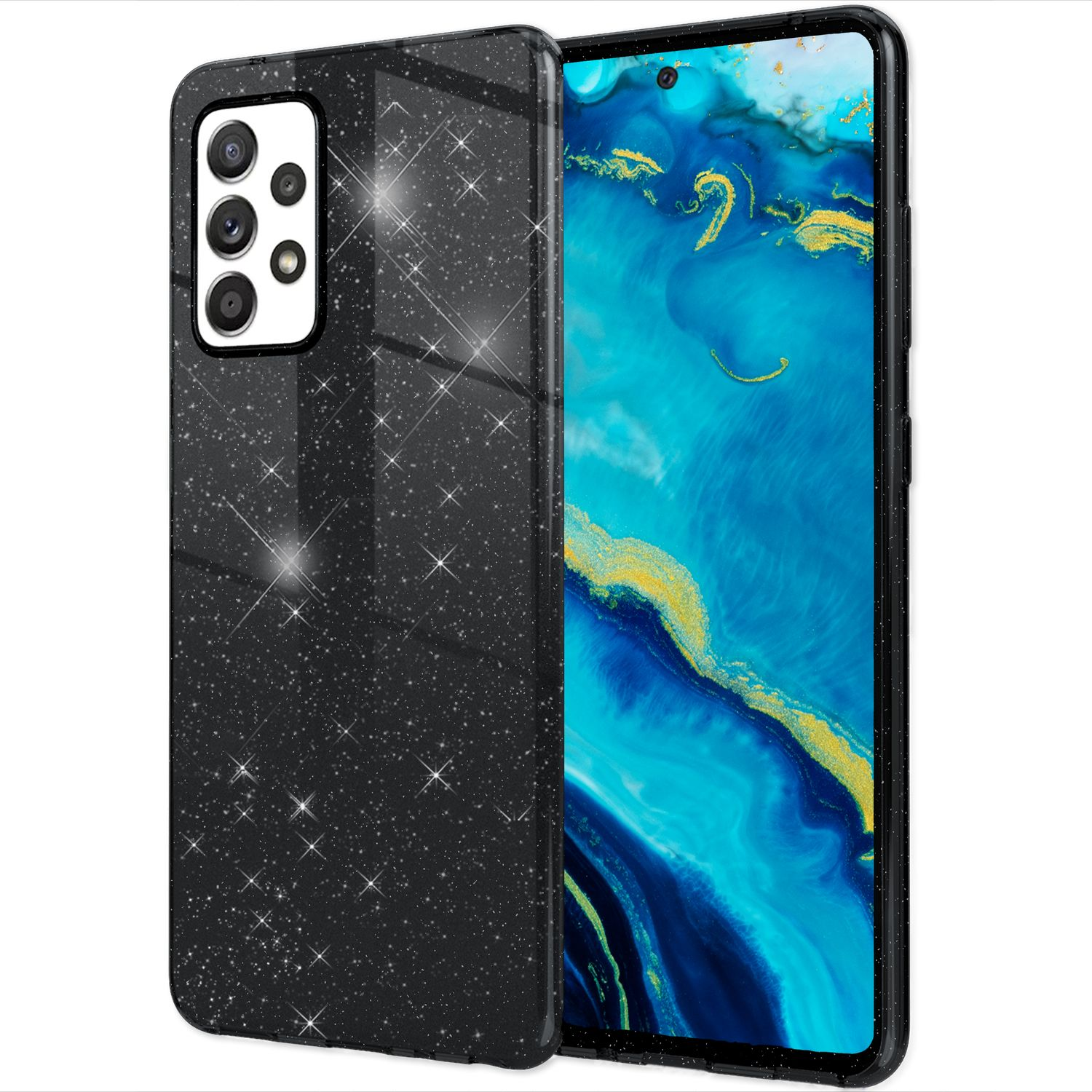 Schwarze Handyhülle mit Glitzereffekt auf weißem Hintergrund. Telefon sichtbar.