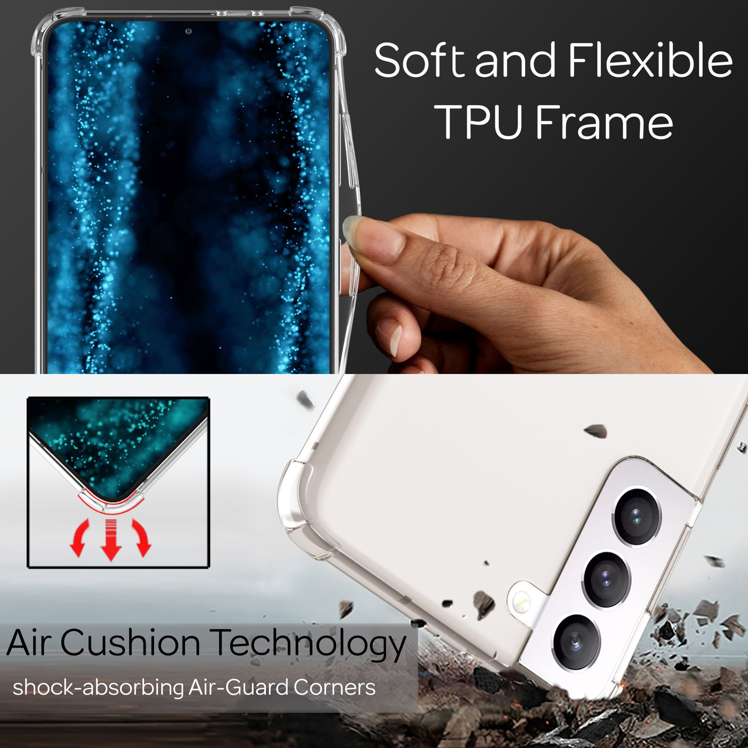 Custodia trasparente per telefono. L'immagine mostra il telefono all'interno e il testo sulla tecnologia air cushion.
