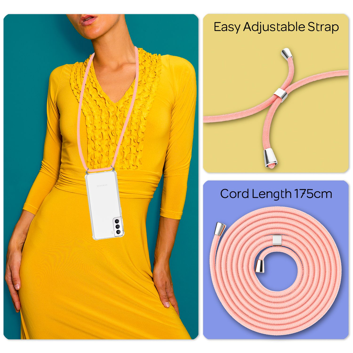 Una donna con un vestito giallo che tiene un telefono con un cinturino rosa. I dettagli sono mostrati.