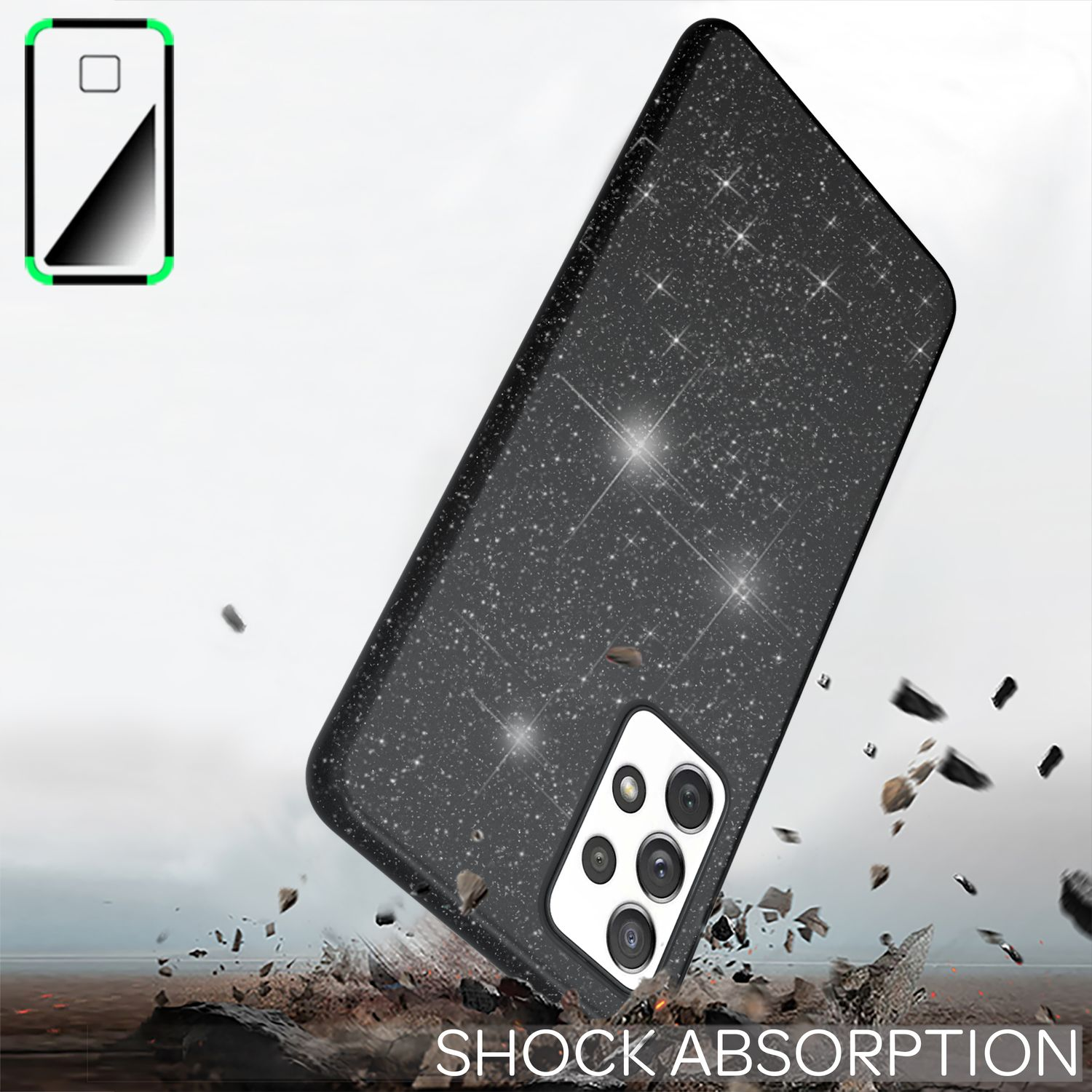 Schwarze Handyhülle mit Glitzerdesign. Das Telefon ist abgewinkelt mit Felsen und Explosionseffekt.