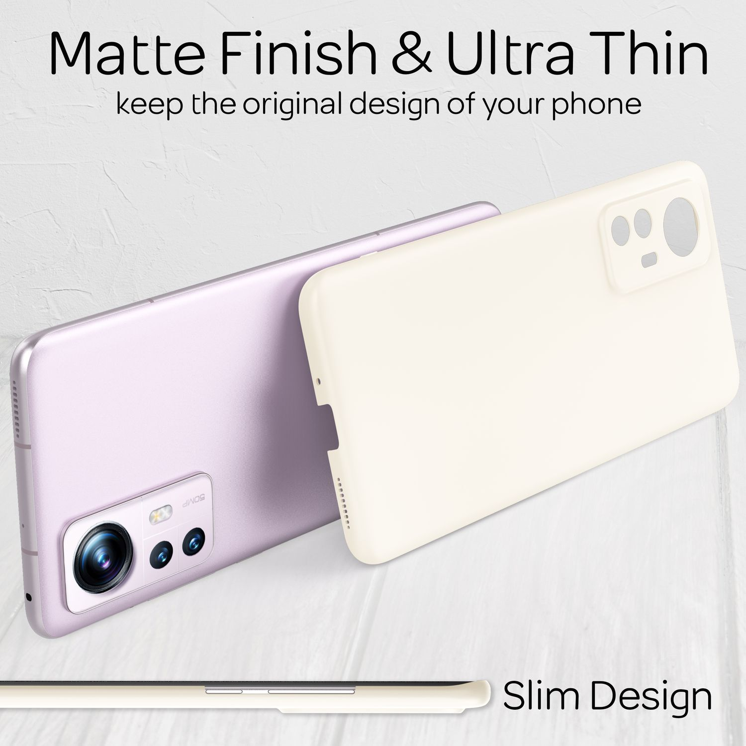 Zwei Telefone, eines lila, eines cremefarben, liegen nebeneinander. Text: Matt Finish & Ultra Thin.