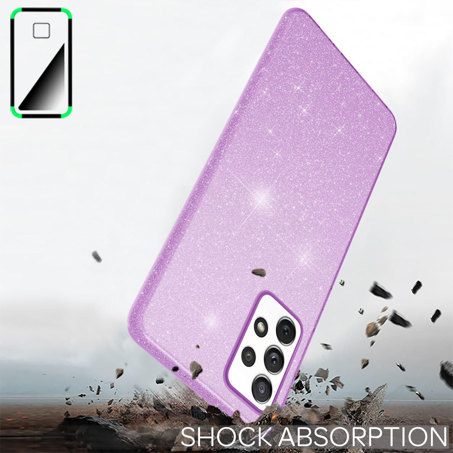 Una custodia per telefono viola con glitter, un telefono all'interno e che mostra l'assorbimento degli urti.