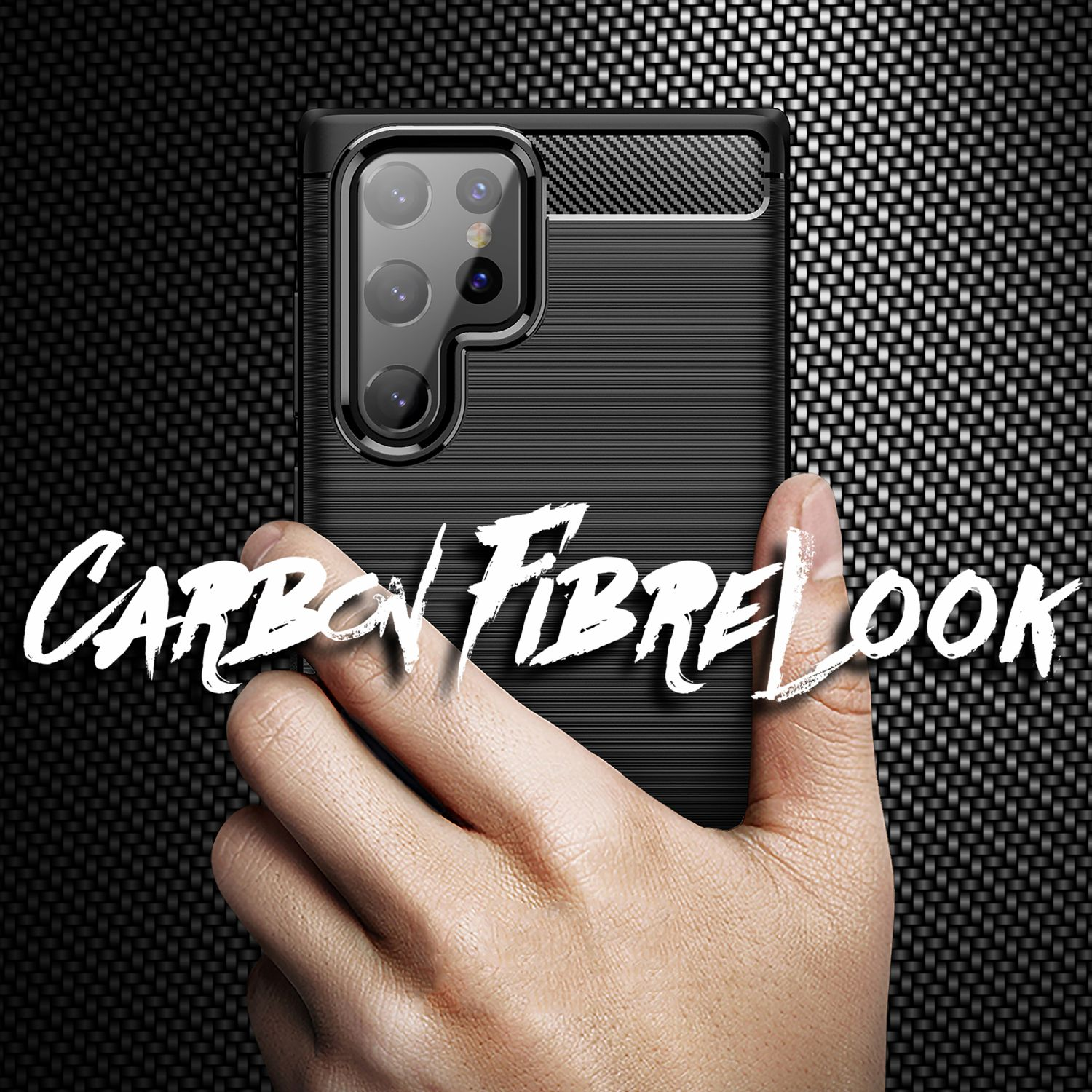 Eine schwarze Handyhülle mit den weißen Worten 'CARBON FIBRE LOOK'.