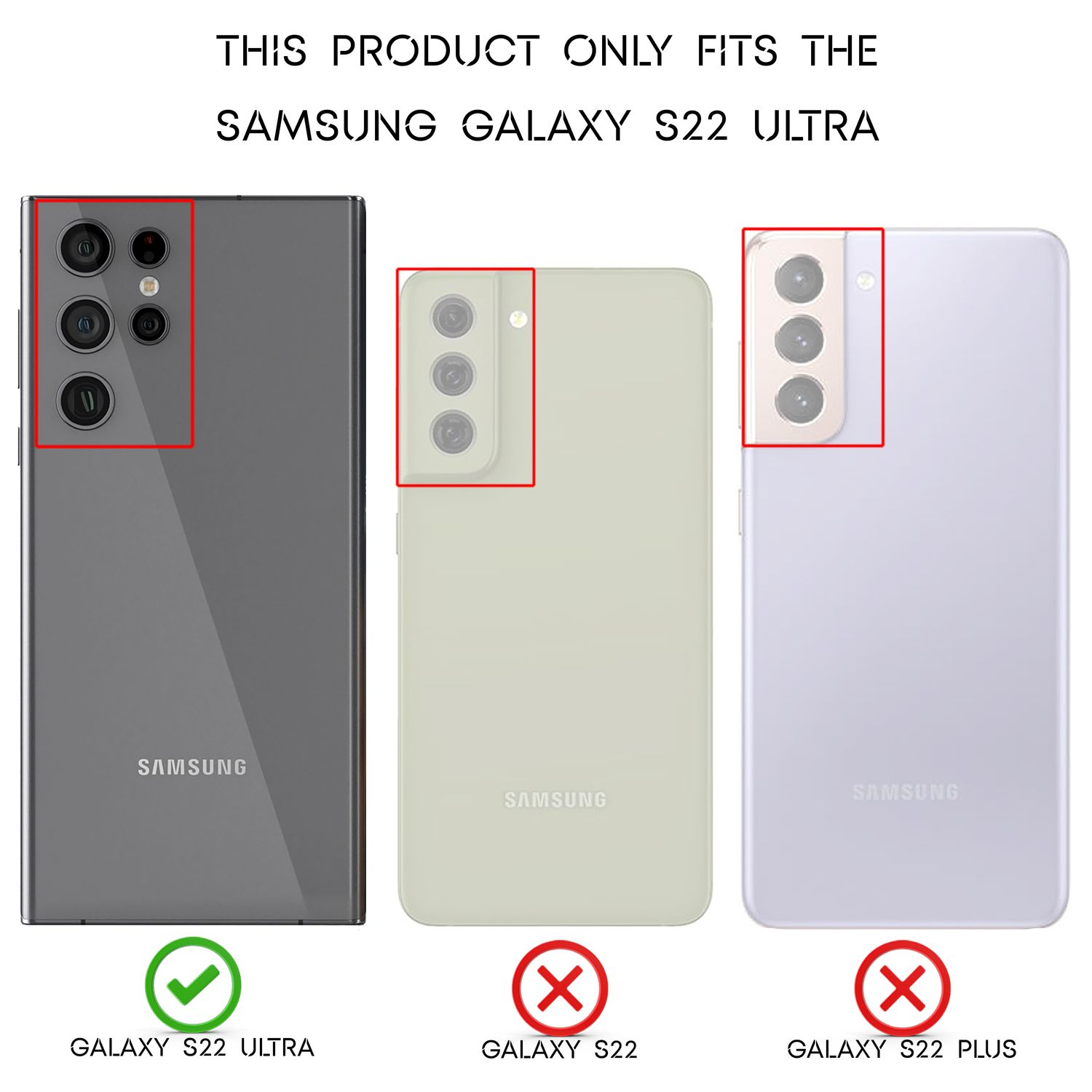 Drei Samsung-Telefone: S22 Ultra (richtig), S22 (falsch), S22 Plus (falsch).