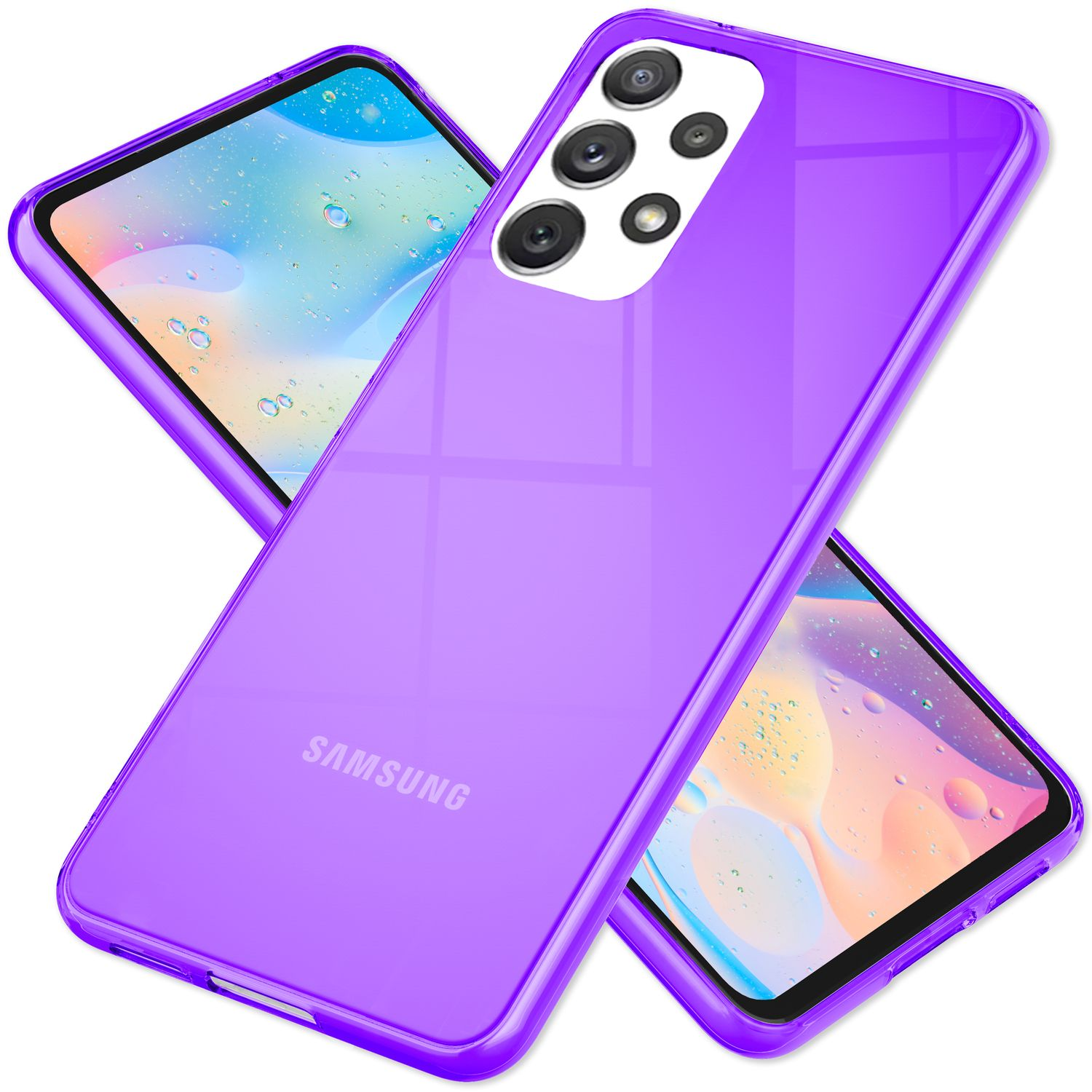 Eine lila Handyhülle mit dem darin gezeigten Telefon. Das Telefon hat mehrere Kameras und ein Samsung-Logo.
