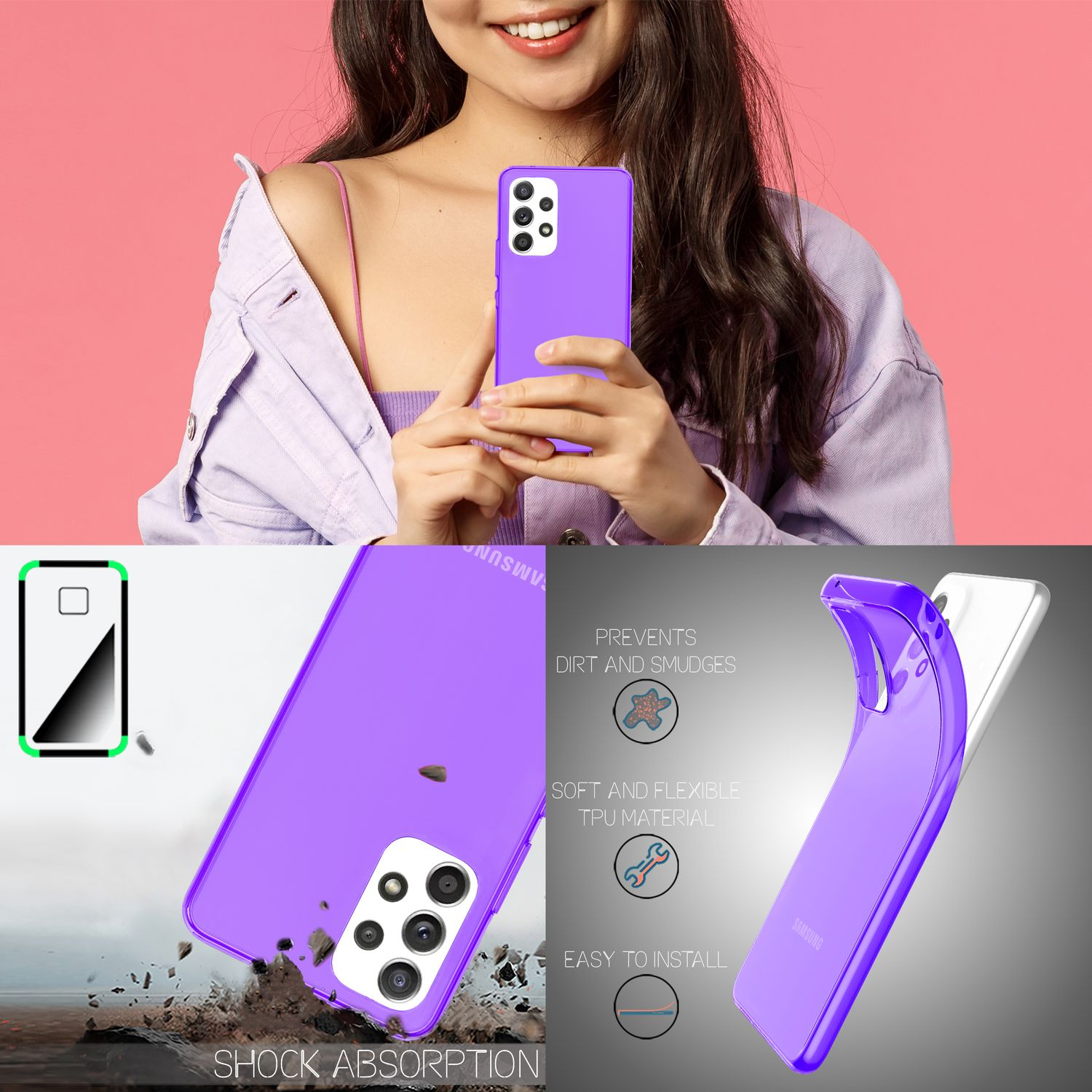Eine Frau hält ein lila Telefon in einer lila Hülle. Die Hüllendetails werden in separaten Bildern gezeigt.