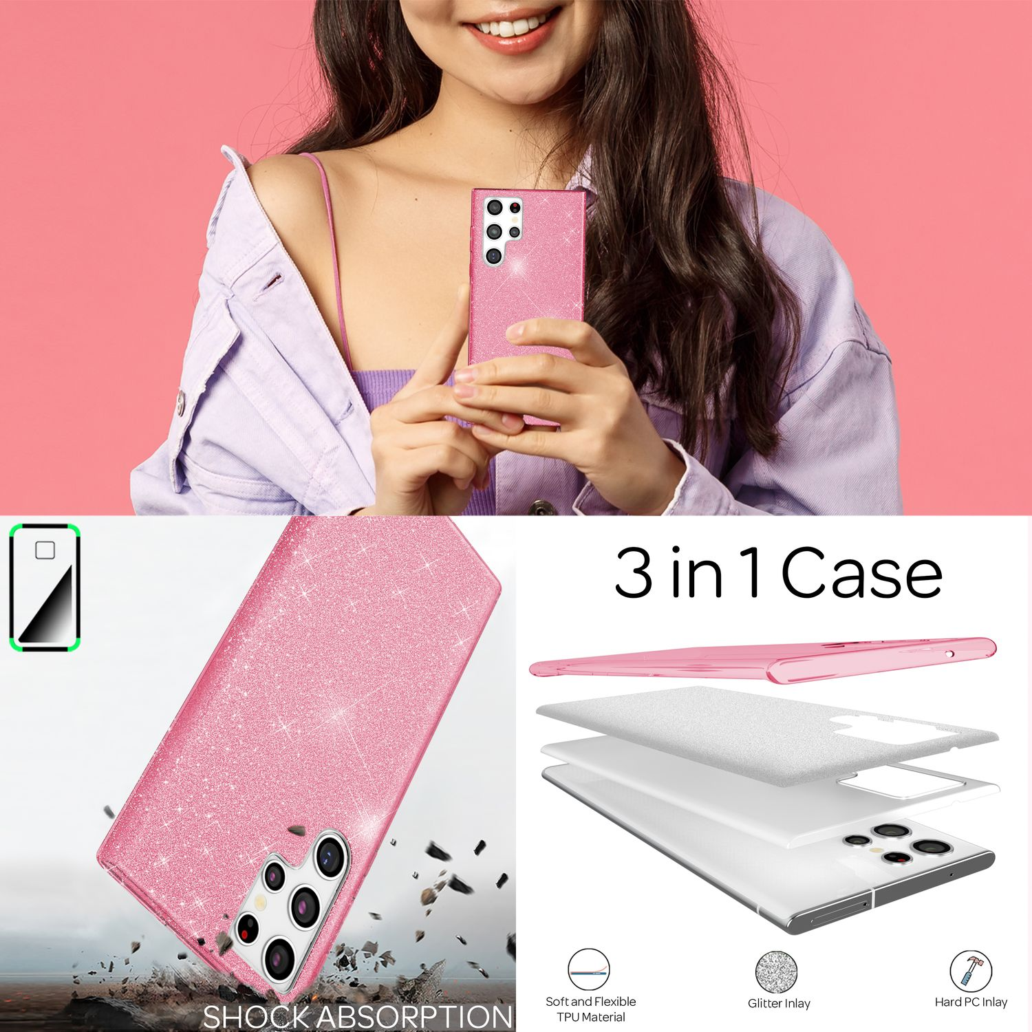 Eine pinke Glitzer-Handyhülle mit einem Telefon darin. Die Hülle wird mit einem 3-in-1-Design gezeigt.