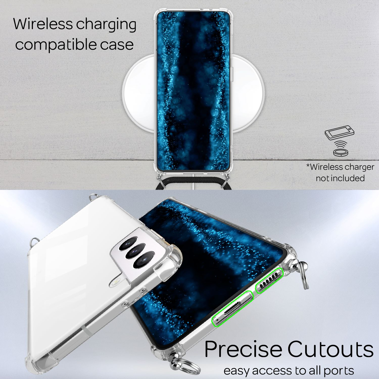 Custodia trasparente con telefono su caricabatterie wireless. Ritagli precisi. Testo: Custodia compatibile con ricarica wireless.