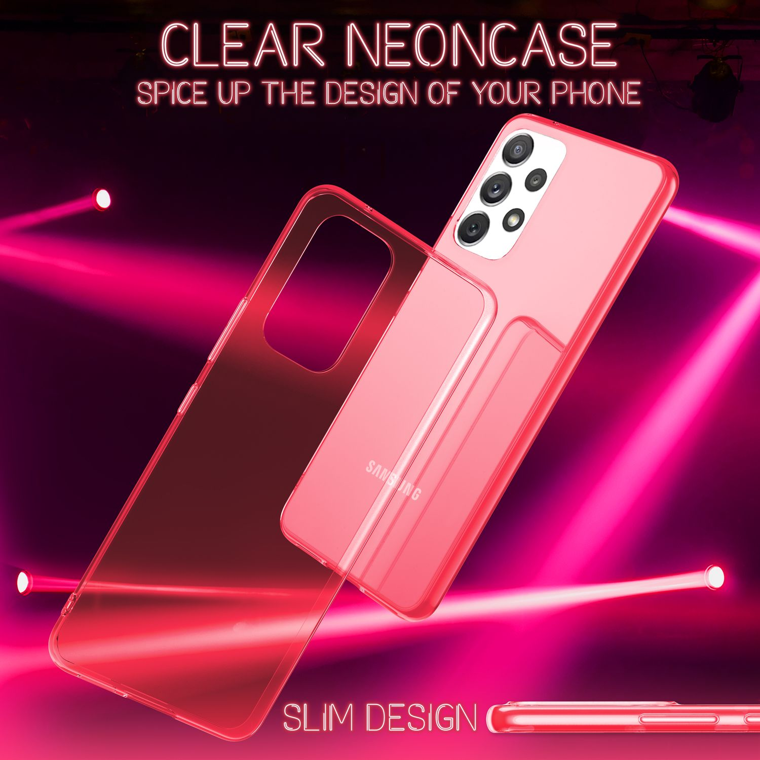 Pinke Handyhülle auf einem Smartphone. Text: Clear Neoncase. Schwarzer Hintergrund mit pinkfarbenem Neonlicht.