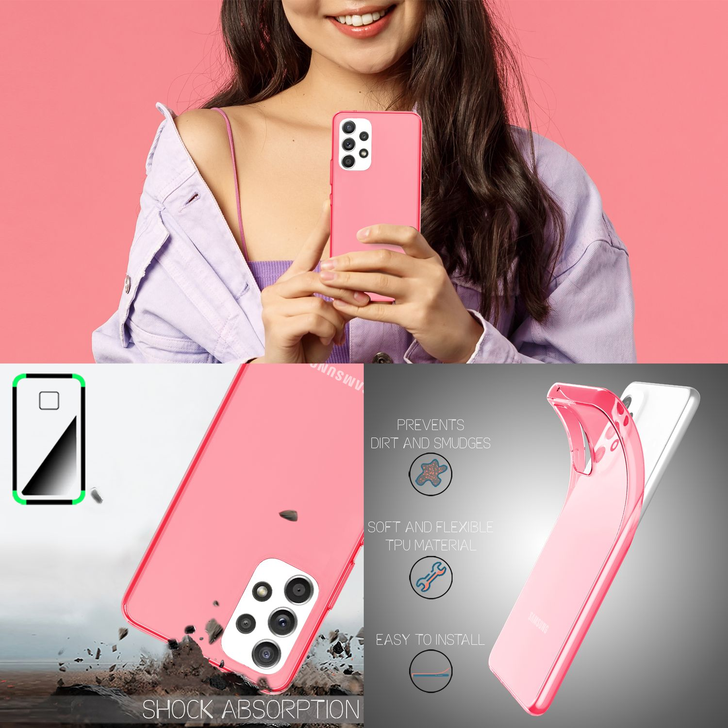Frau hält pinkes Telefon, mit Hüllendetails. Text: Stoßdämpfung, verhindert Schmutz und Flecken.