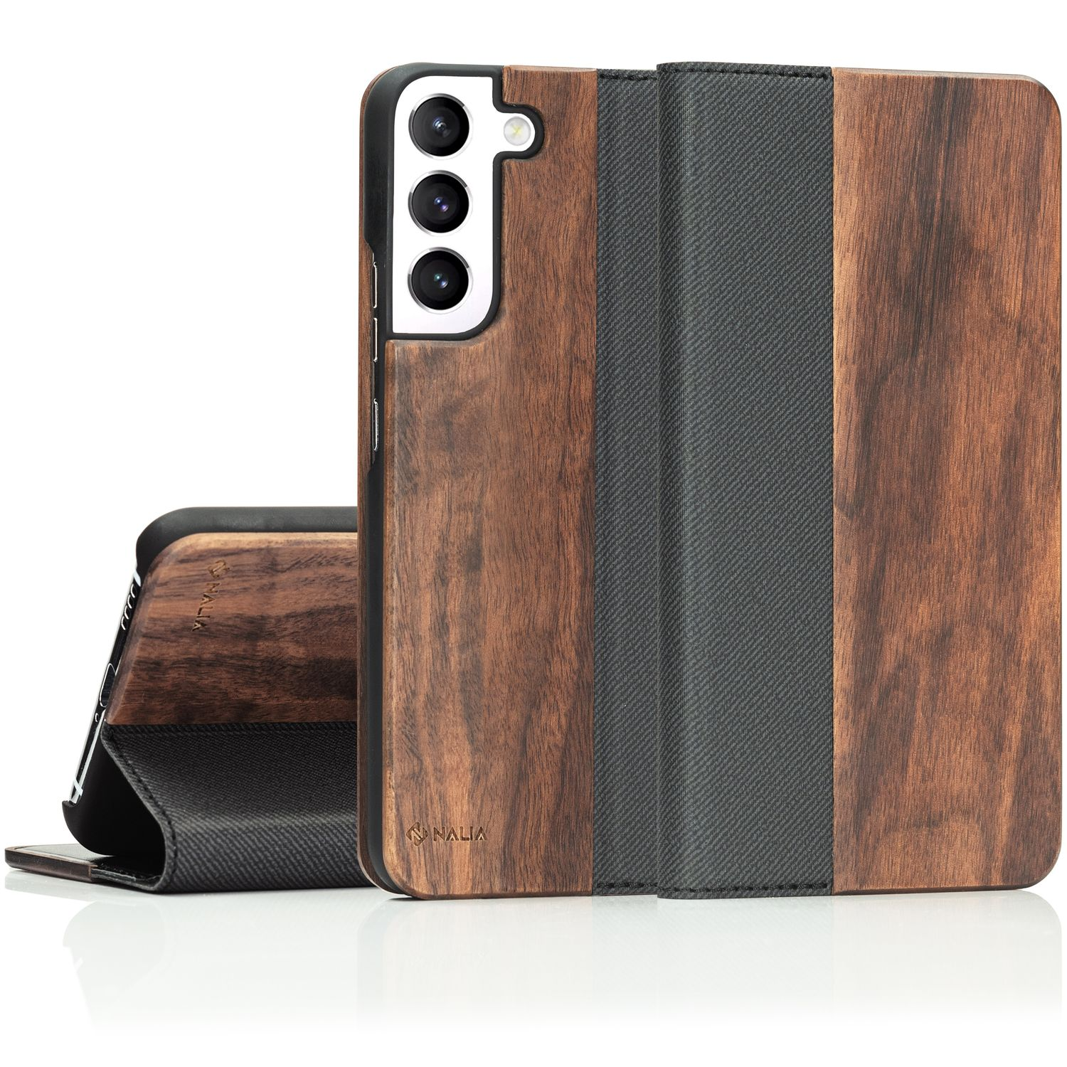 NALIA Echt Holz Flip Klapphülle Cover, Magnetverschluss, Braun mit Galaxy S22+, Flip Case Samsung