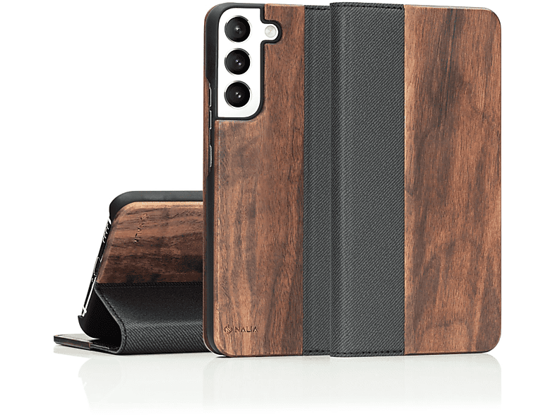 NALIA mit Cover, Flip Case Galaxy Samsung, S22+, Flip Holz Braun Klapphülle Echt Magnetverschluss,