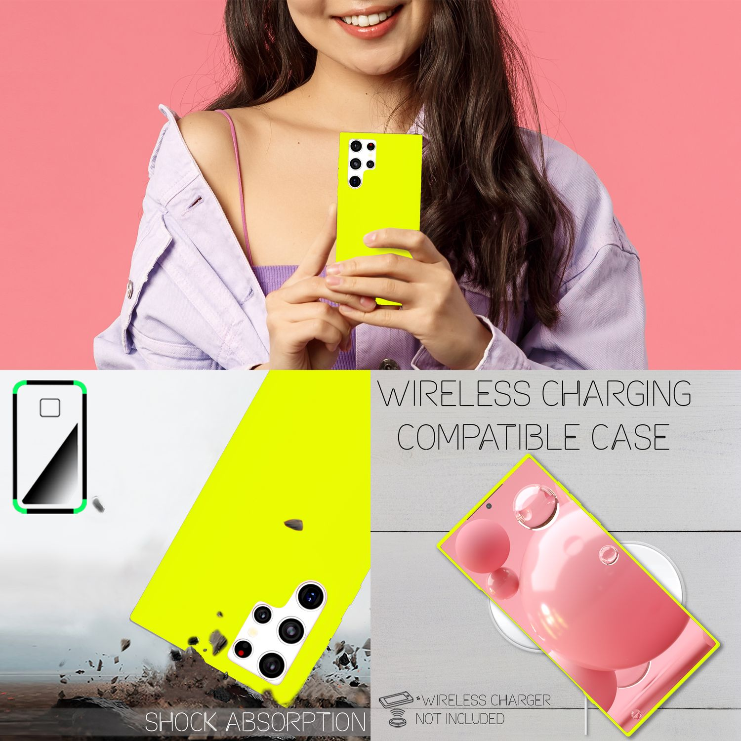 Donna che tiene una custodia gialla con un telefono. Grafica di telefono e custodia.