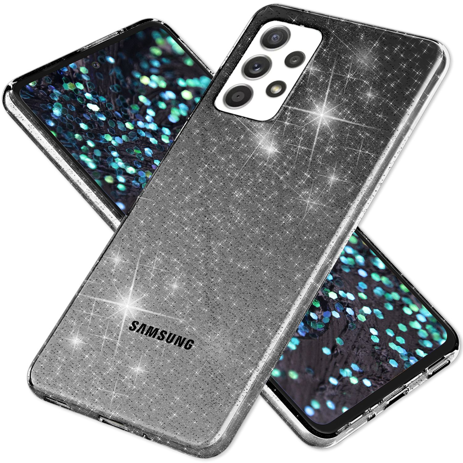 Samsung, A53, Klare Galaxy Schwarz Silikon Glitzer NALIA Backcover, Hülle,