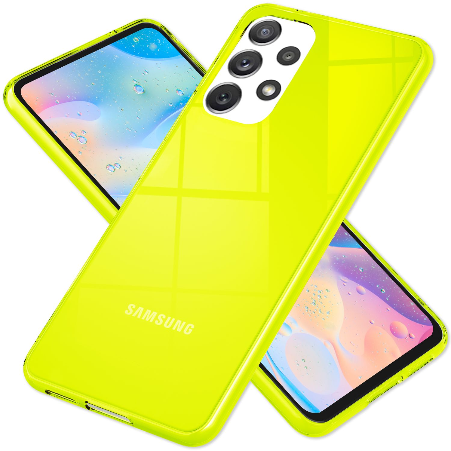 Gelbe Handyhülle auf zwei Handys. Das Telefon hat mehrere Kameras.