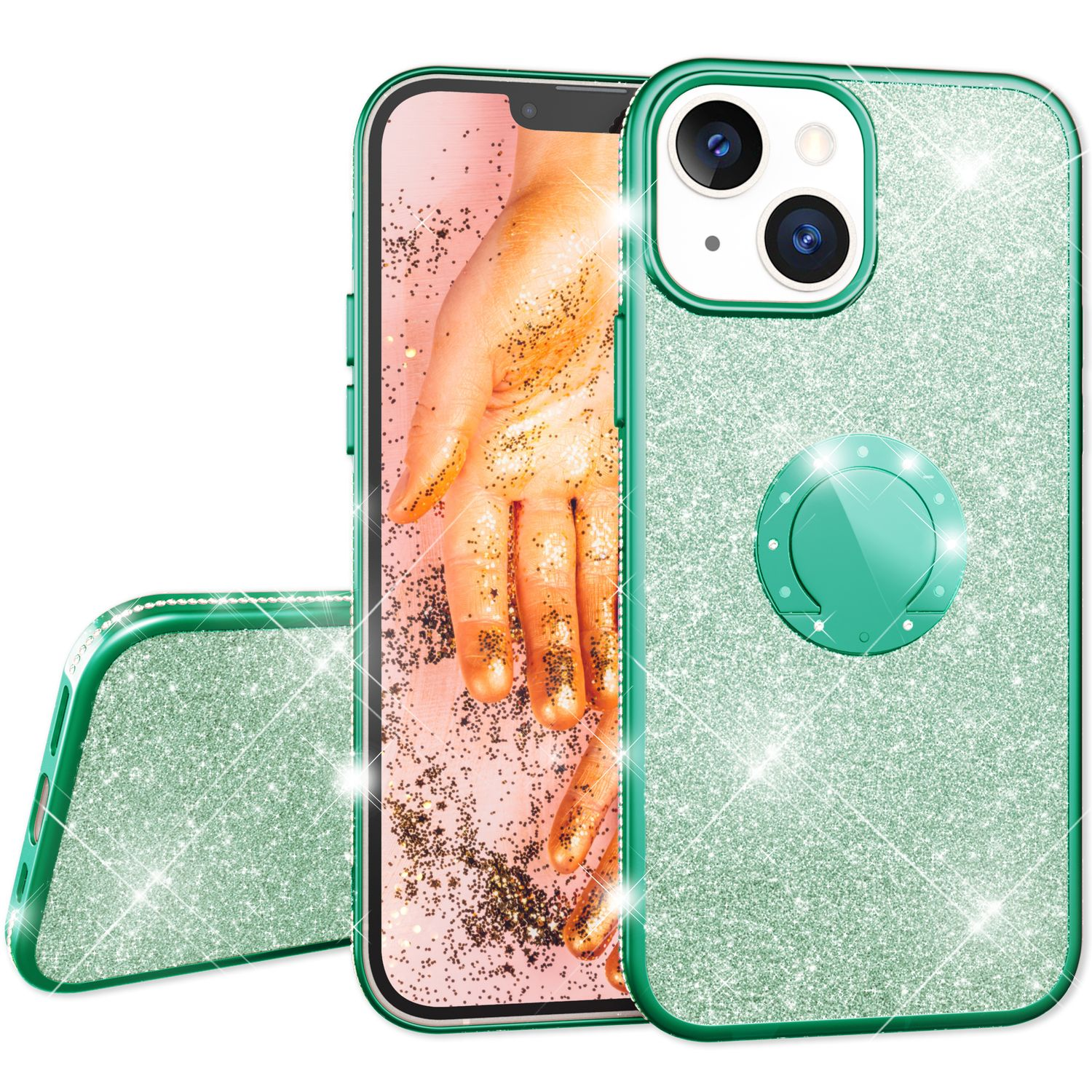 Funda de teléfono verde brillante con un teléfono dentro y un agarre de anillo, mostrando la pantalla del teléfono.