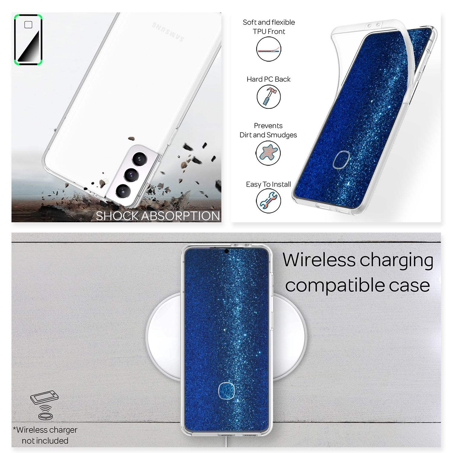Ein Telefon in einer transparenten Hülle auf einem kabellosen Ladegerät.