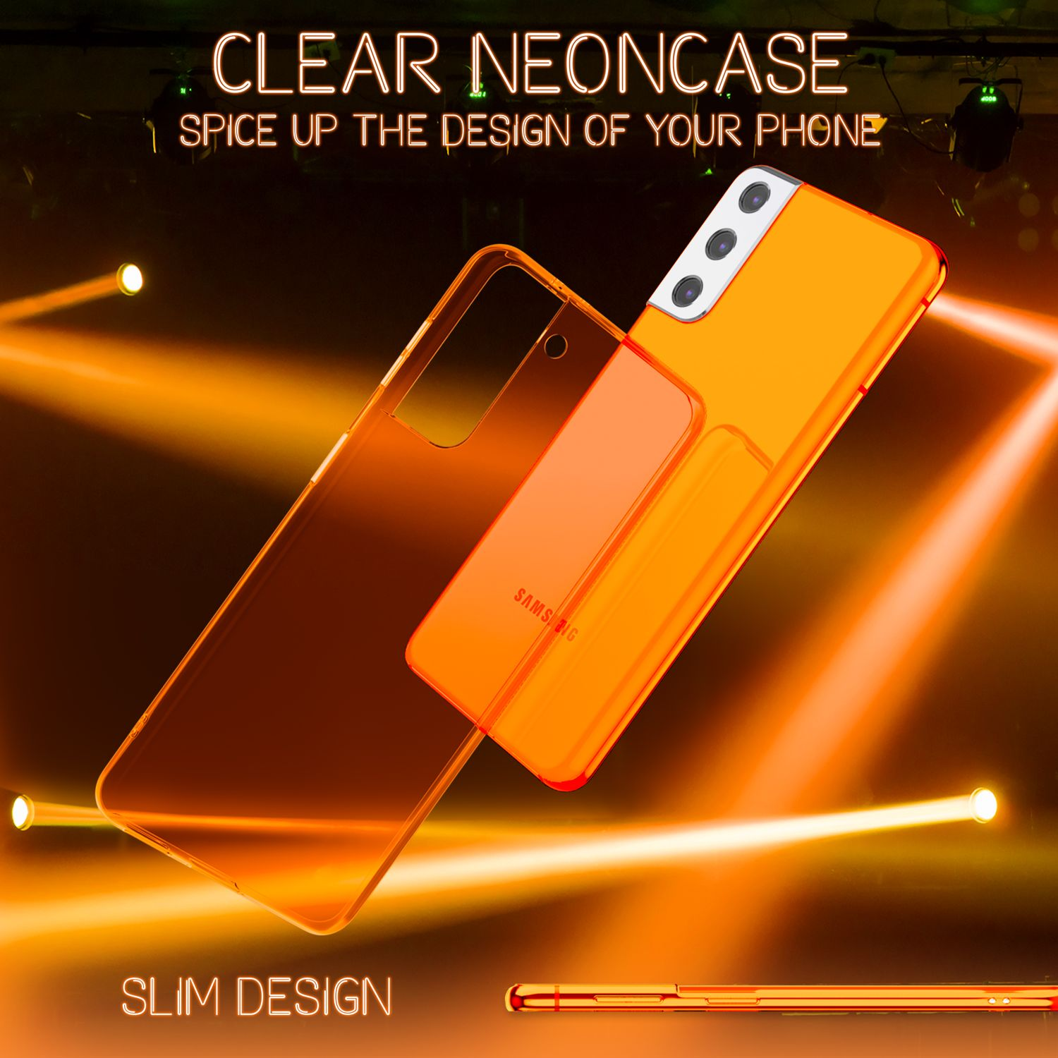 Due custodie arancioni per telefono con una custodia trasparente sopra, con uno sfondo di luce al neon.