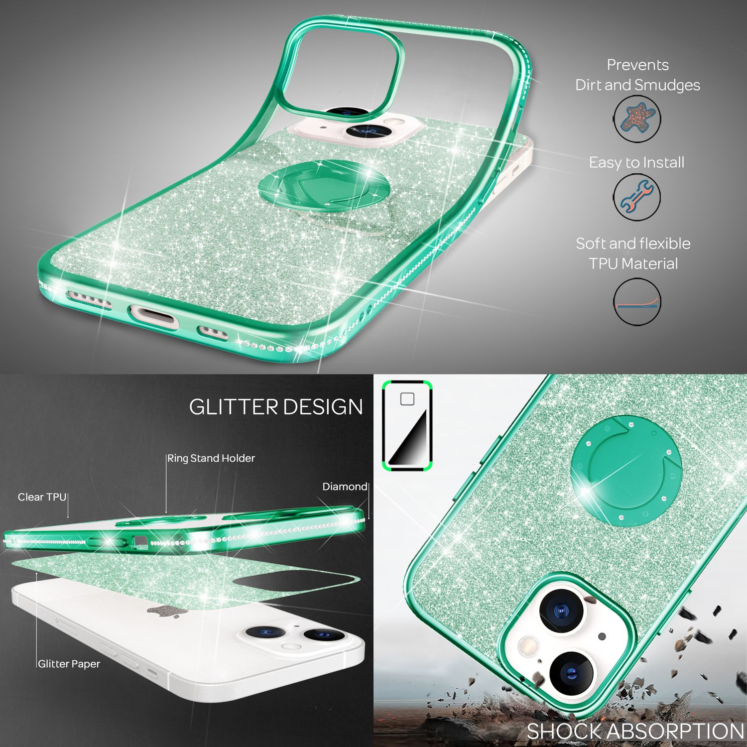 NALIA Ring Hülle, Grün iPhone Apple, 13 Silikon Backcover, Glitzer Mini