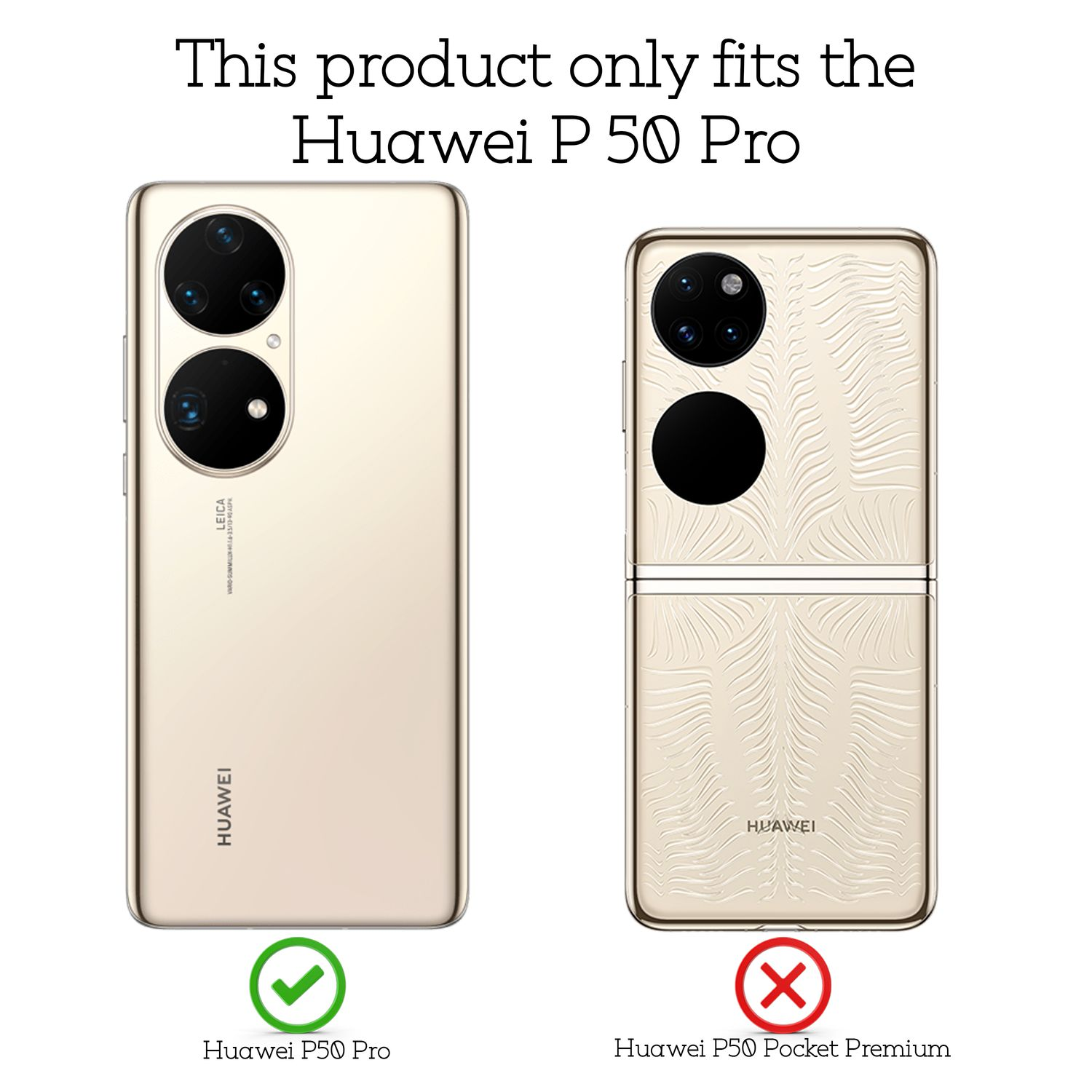 Due telefoni, uno con Huawei P50 Pro, l'altro Huawei P50 Pocket Premium. Spunta verde/X rossa.