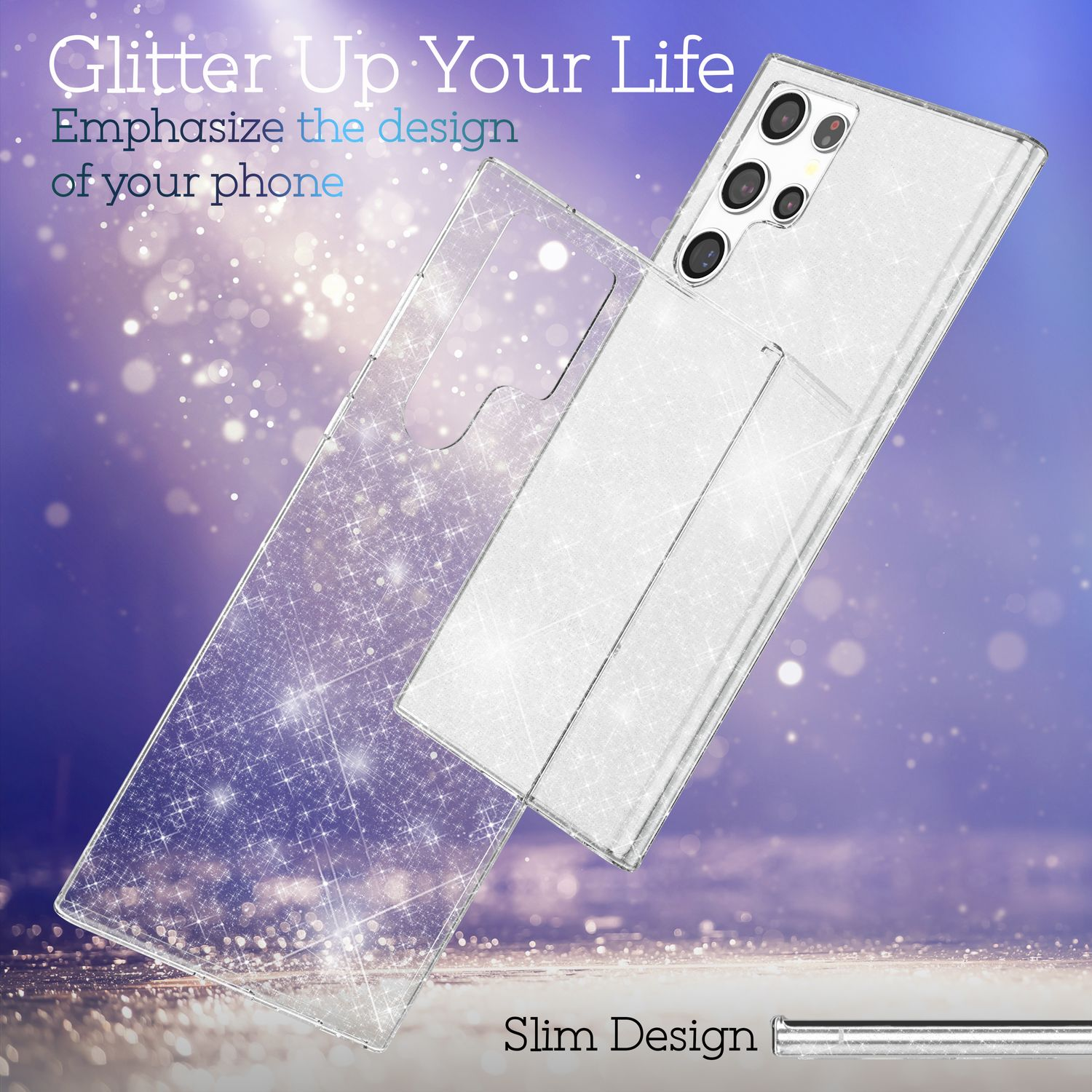 Ein Telefon mit transparenter Hülle, zeigt die Rückseite des Telefons und die Innenseite der Hülle.