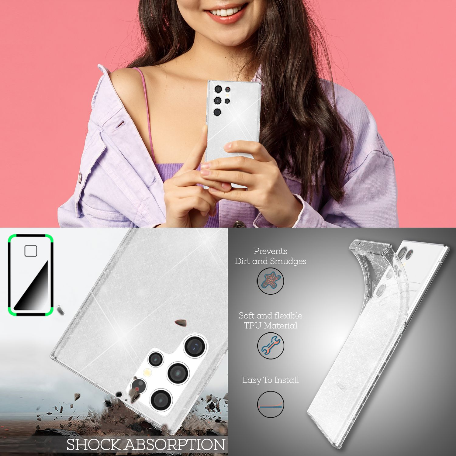 Eine Frau hält ein Telefon mit einer Hülle. Die Hülle ist durchsichtig mit glitzerndem Design.