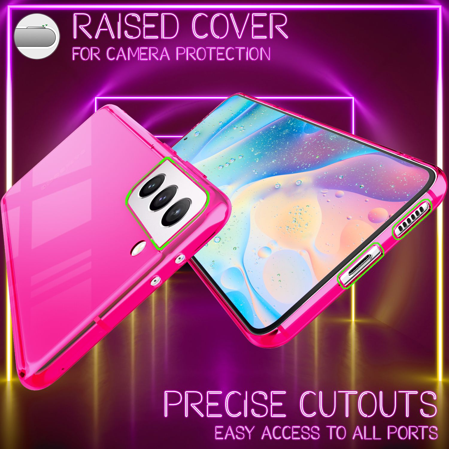 Rosa Handyhülle mit Handy. Text: "RAISED COVER", "PRECISE CUTOUTS".