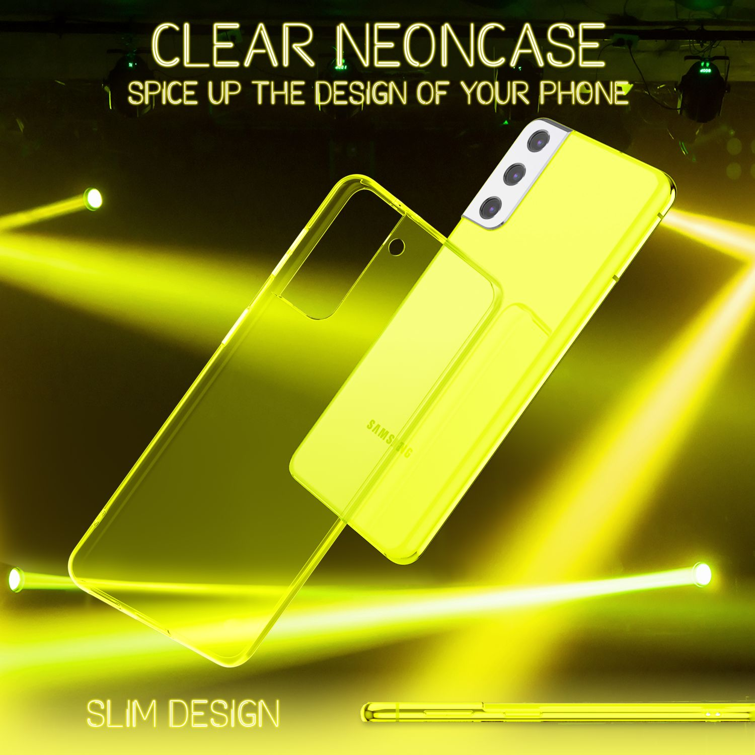 Telefono giallo con custodia neon trasparente. La custodia è sul telefono e il telefono è su uno sfondo neon.