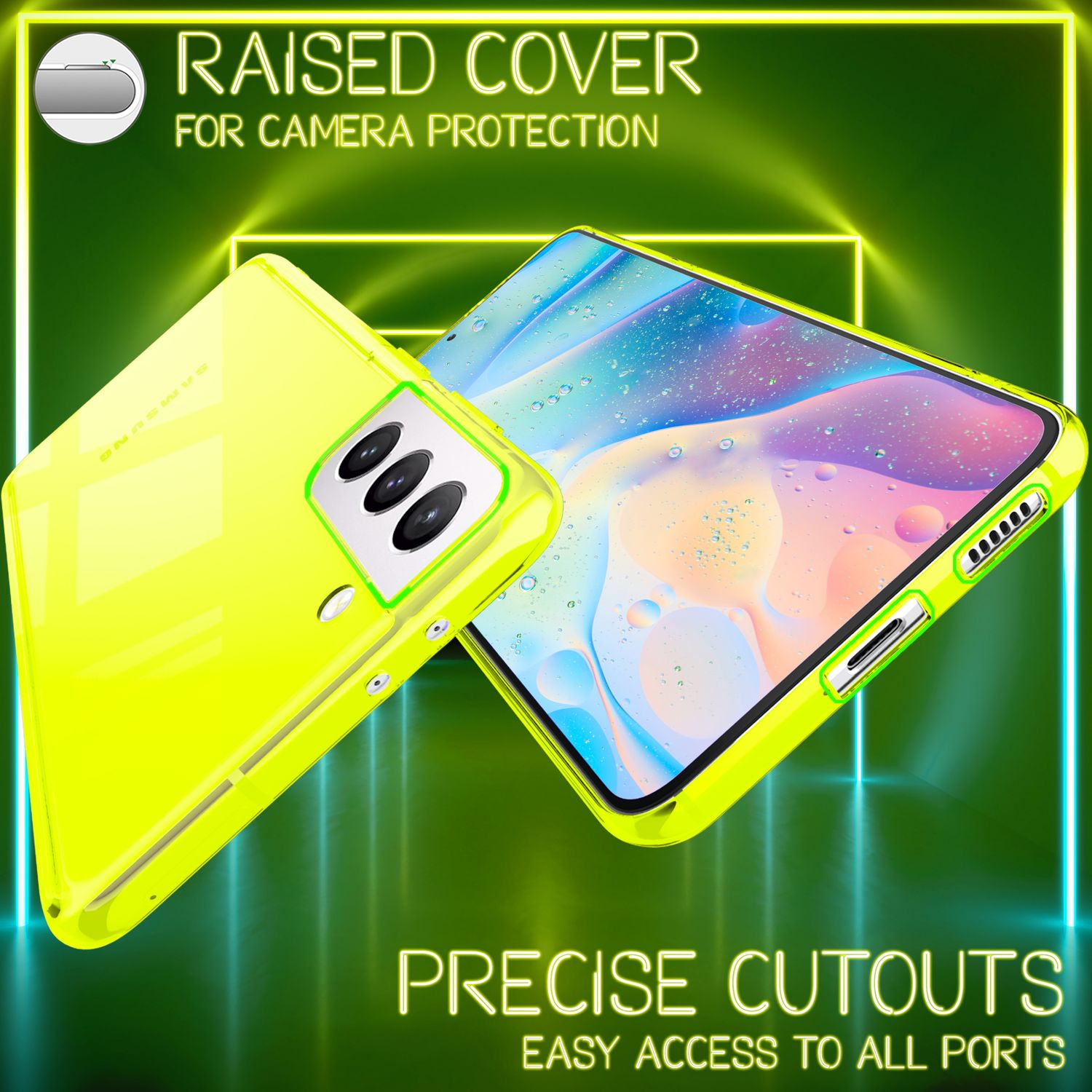Una custodia per telefono verde neon con protezione della fotocamera rialzata e ritagli precisi, con un telefono all'interno.