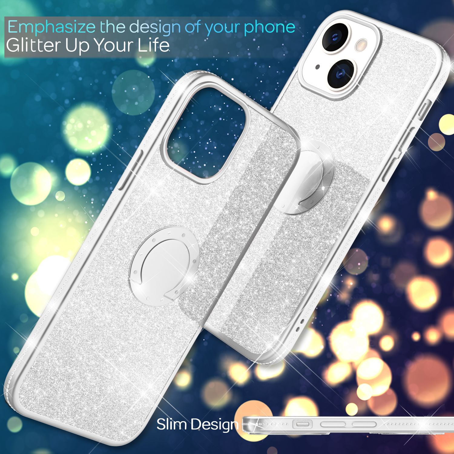Fundas de teléfono con diseño de purpurina, dos fundas, anillo de purpurina. Texto: Enfatiza el diseño.