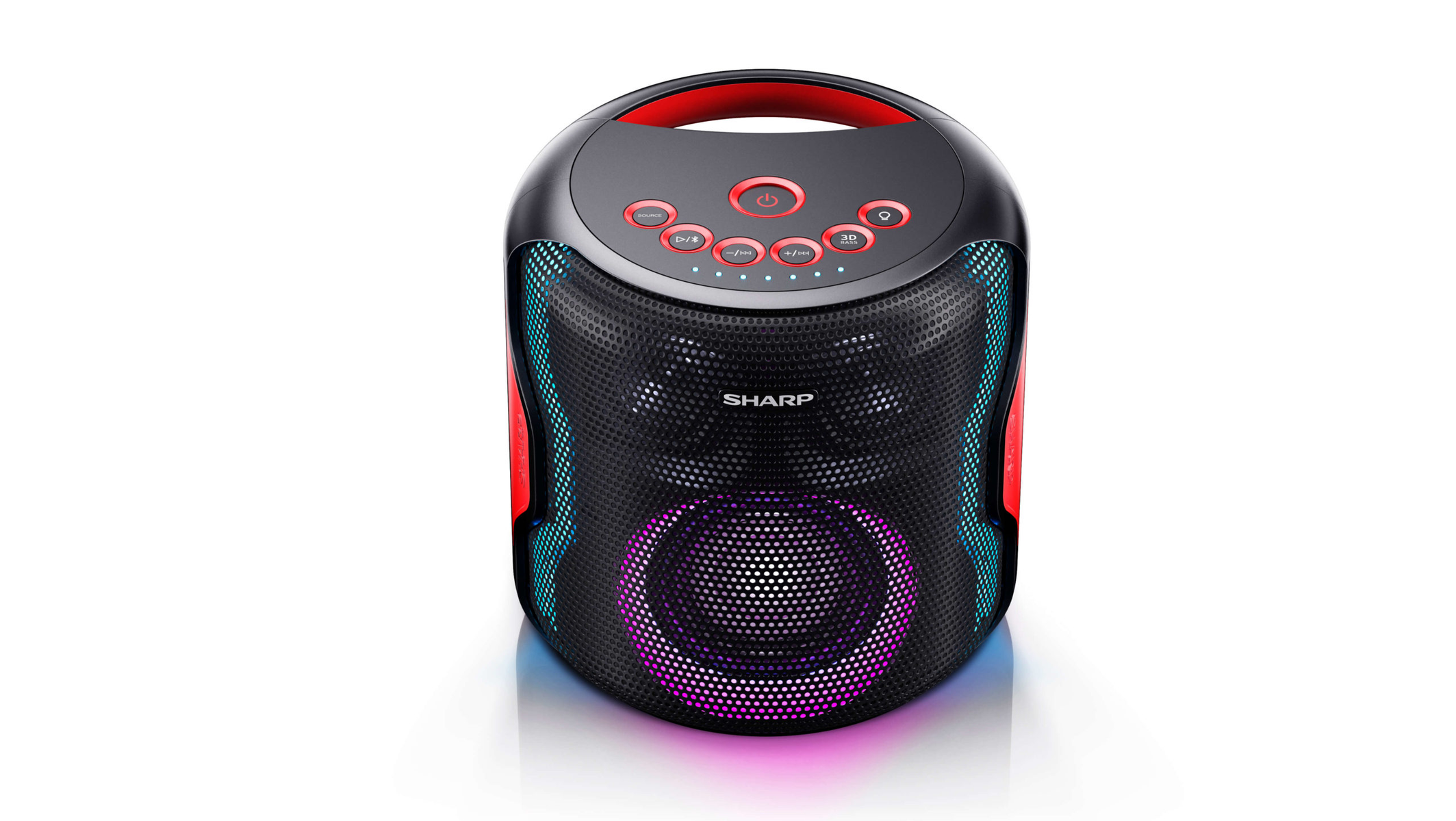 Un altavoz Sharp negro con asa y luces rojas. Tiene botones en la parte superior.
