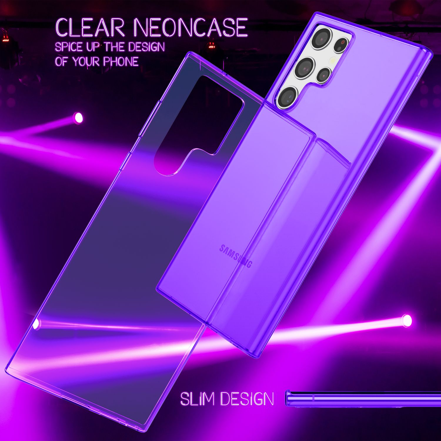 Custodia viola per telefono con design trasparente, mostra il telefono.