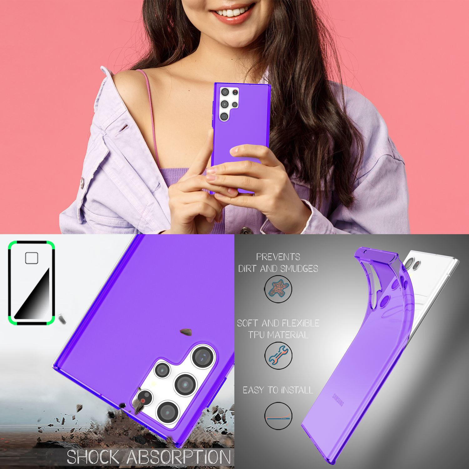 Donna tiene custodia viola per telefono. Altri pannelli mostrano assorbimento urti e materiale TPU.