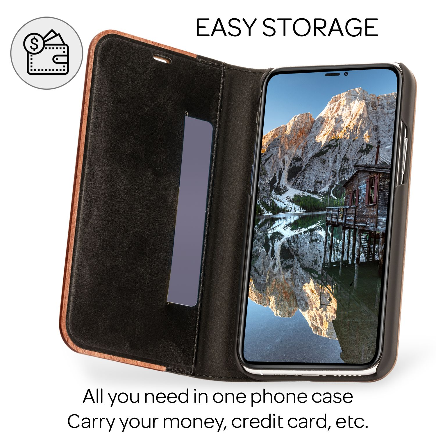 Custodia del telefono aperta. Il telefono mostra un paesaggio di montagne e una casa. Grafica: icona portafoglio, testo 'Easy Storage'.