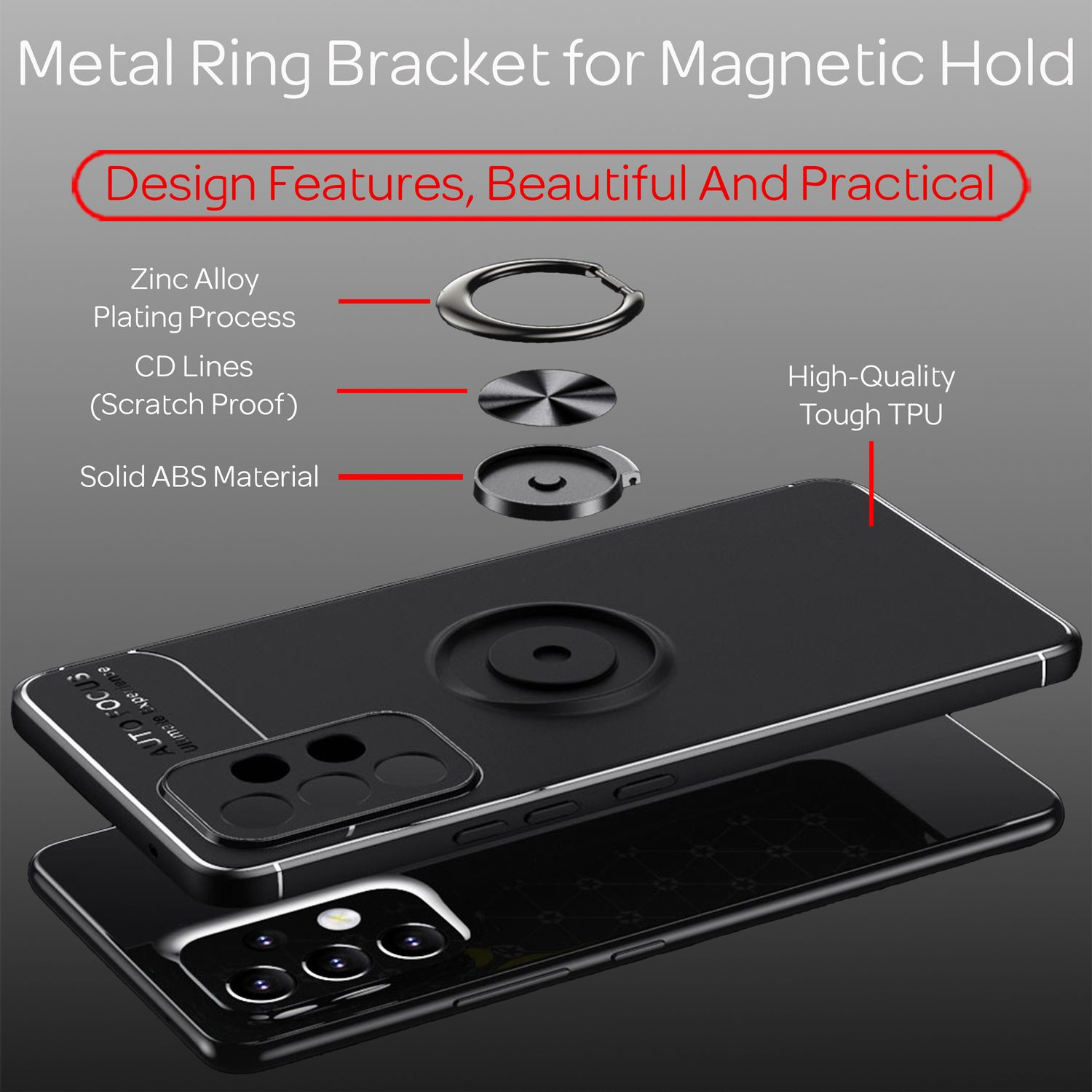 Custodia nera per telefono con anello. Ha un design a tenuta magnetica.