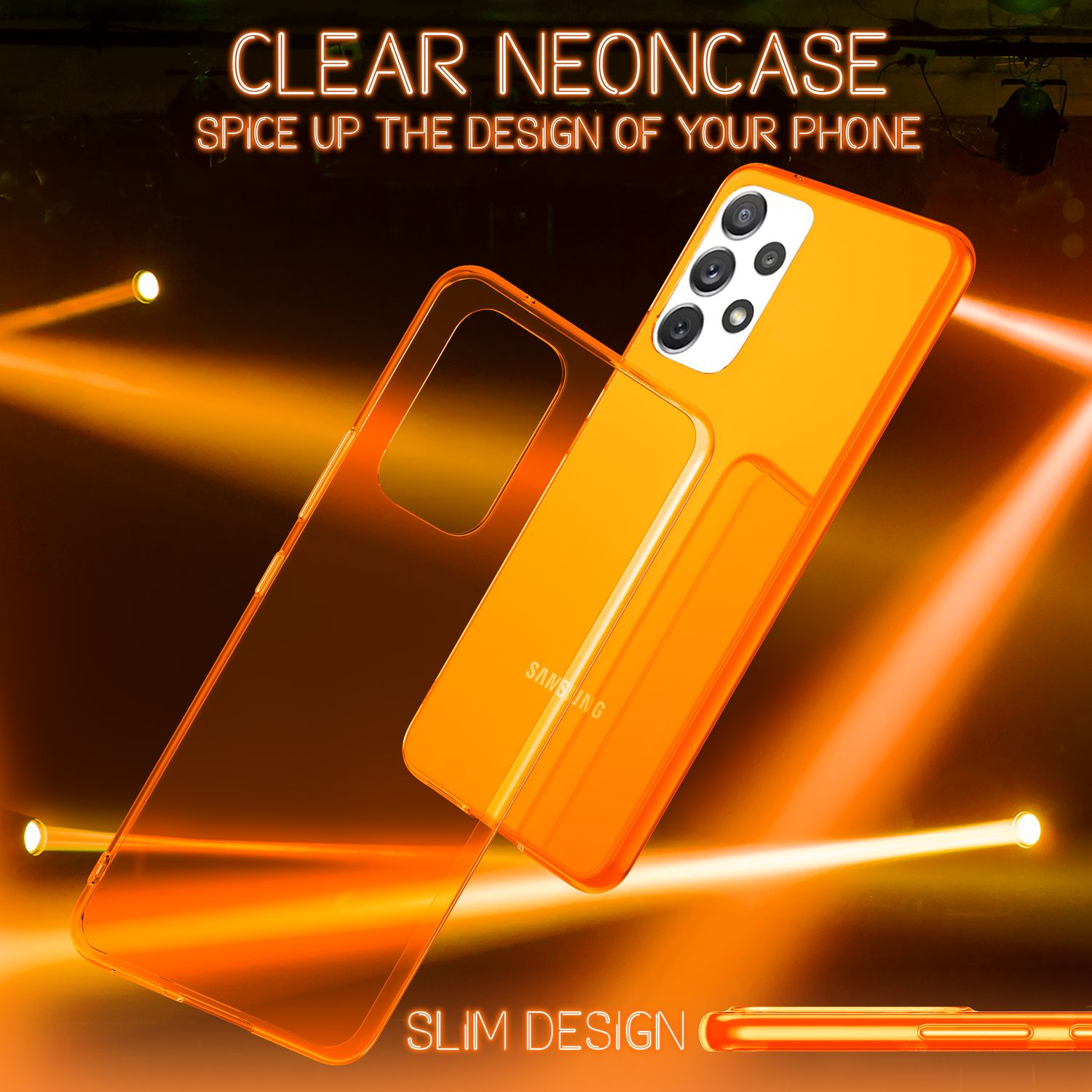 Orangefarbene Handyhülle und Telefon. Klare Neonhülle. Orangefarbene Lichtstrahlen und die Worte 'Slim Design'.