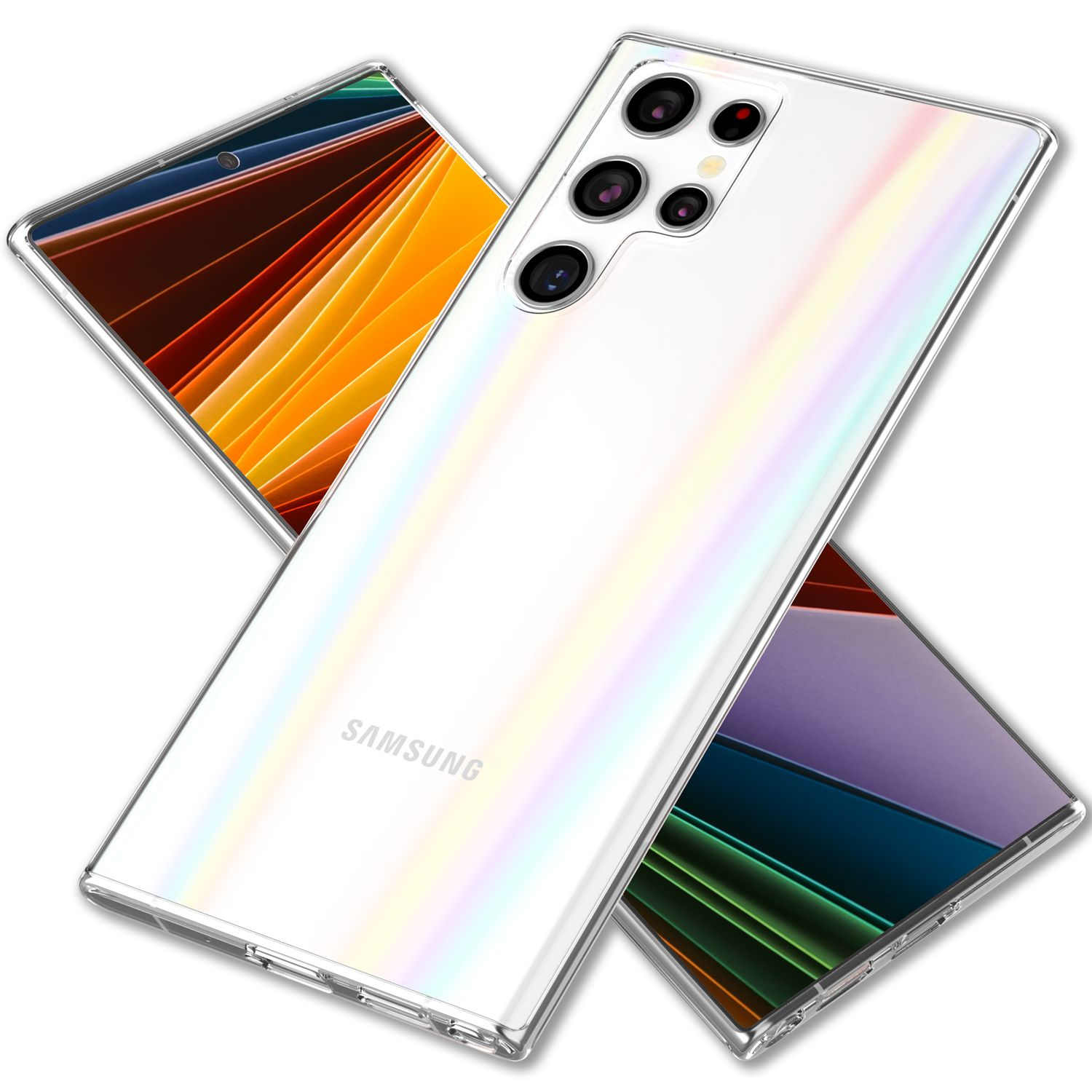 Ein weißes Telefon mit einer transparenten Hülle, zeigt die Rückseite des Telefons und ein zweites.