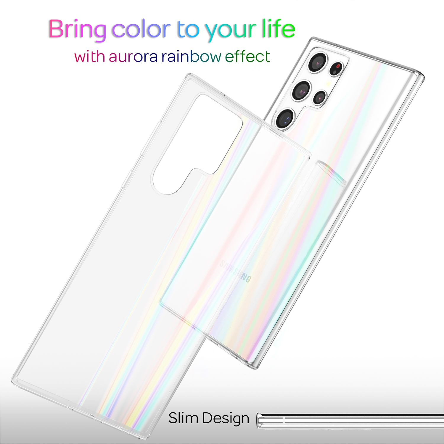 Eine transparente Handyhülle auf weißem Hintergrund. Ein Telefon mit mehreren Kameras ist ebenfalls sichtbar.