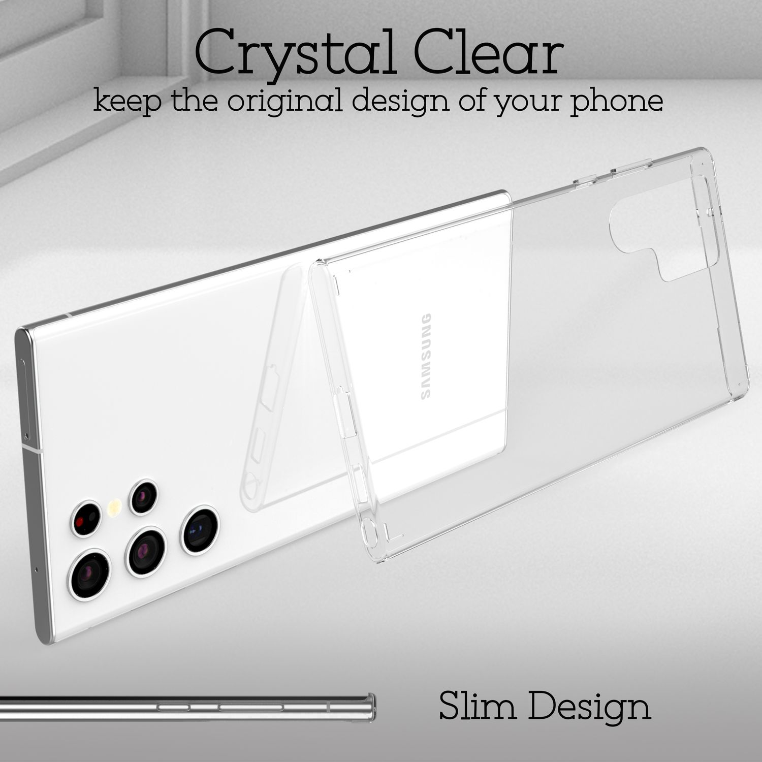 Eine transparente Handyhülle auf einem weißen Telefon, mit Text: Kristallklar und schlankes Design.
