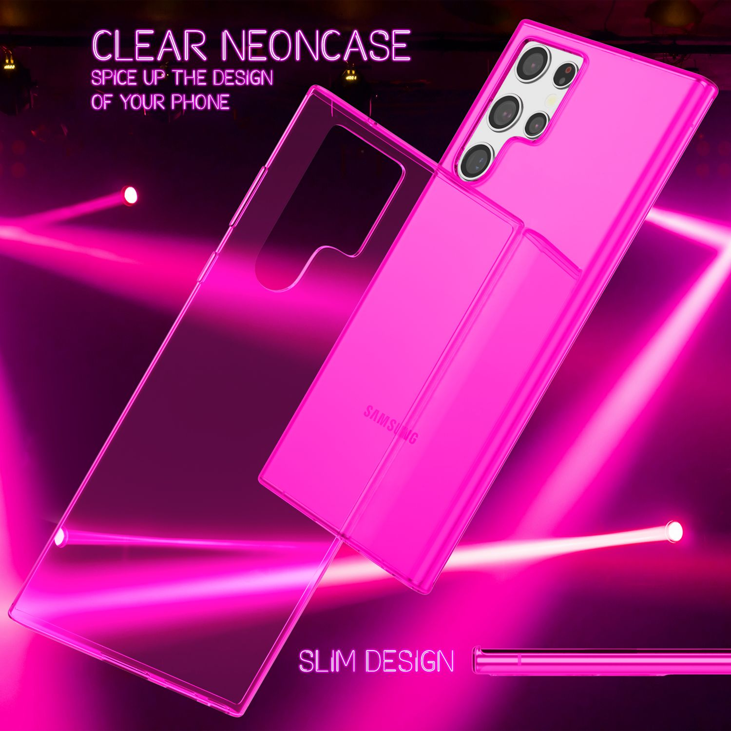 Custodia rosa e telefono, con sfondo neon rosa, con la parola 'Samsung'.