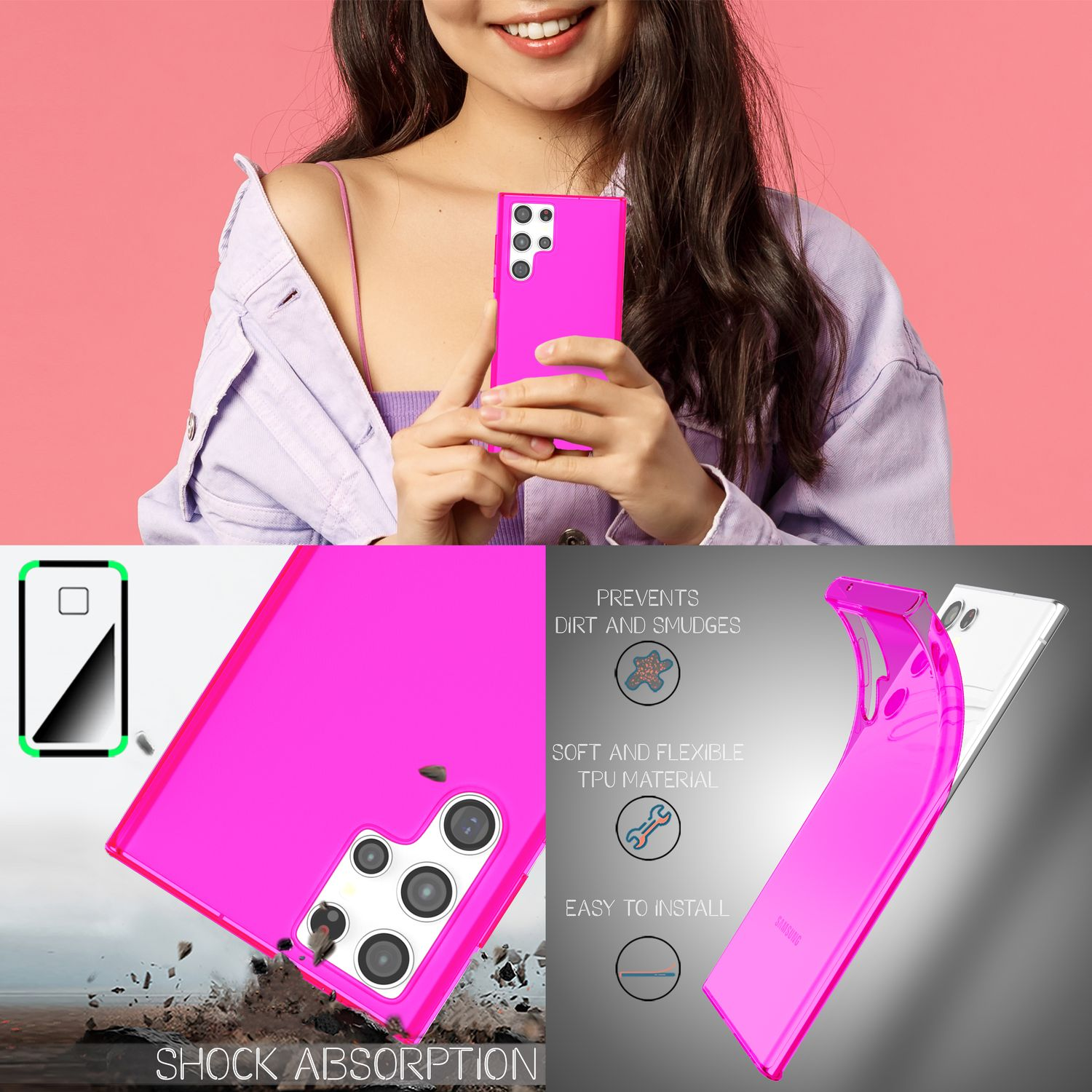 Una donna che tiene una custodia rosa per telefono. Altre immagini mostrano le caratteristiche della custodia.