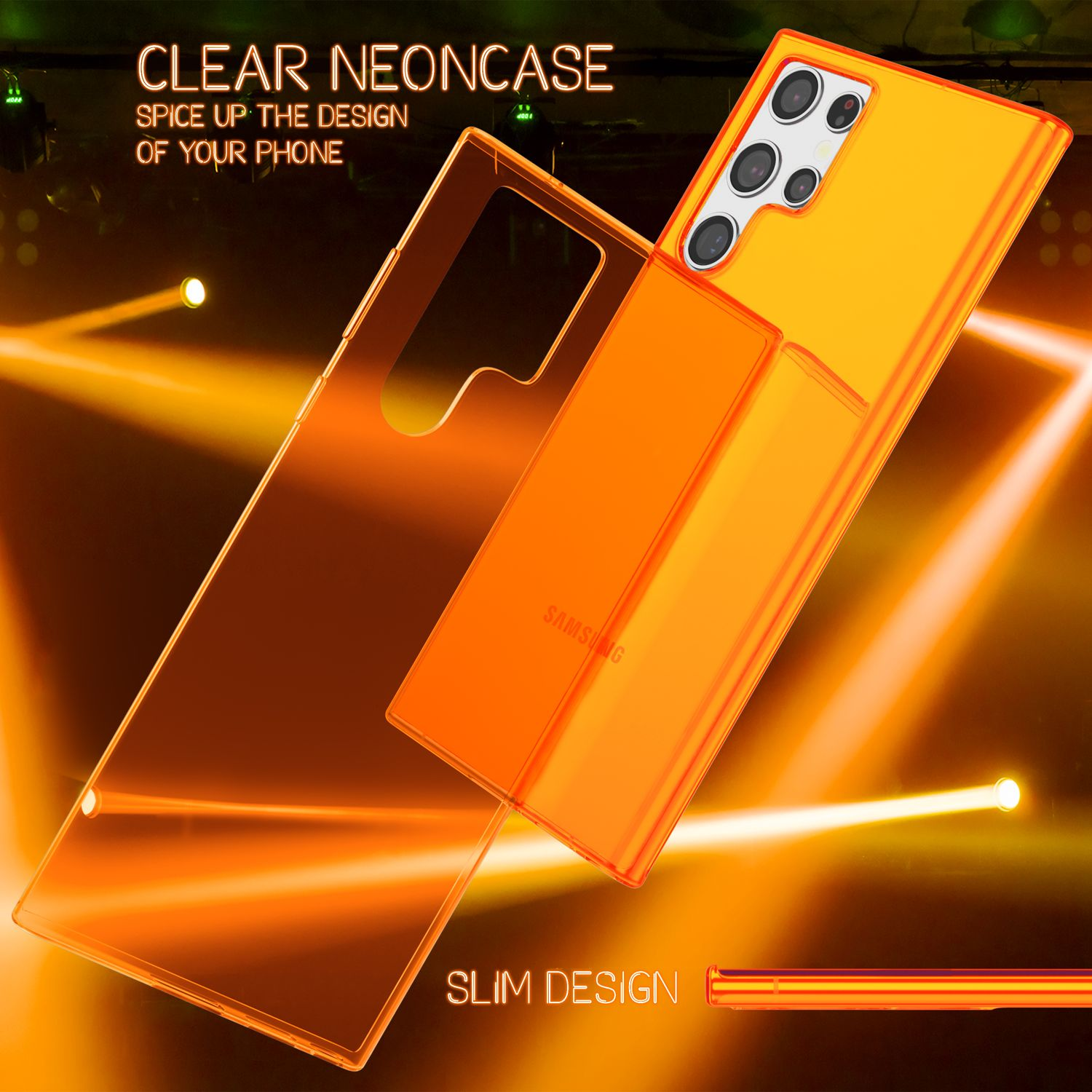 Una custodia per telefono arancione trasparente. Si trova su uno sfondo con riflessi arancioni. Lo sfondo ha un effetto neon.