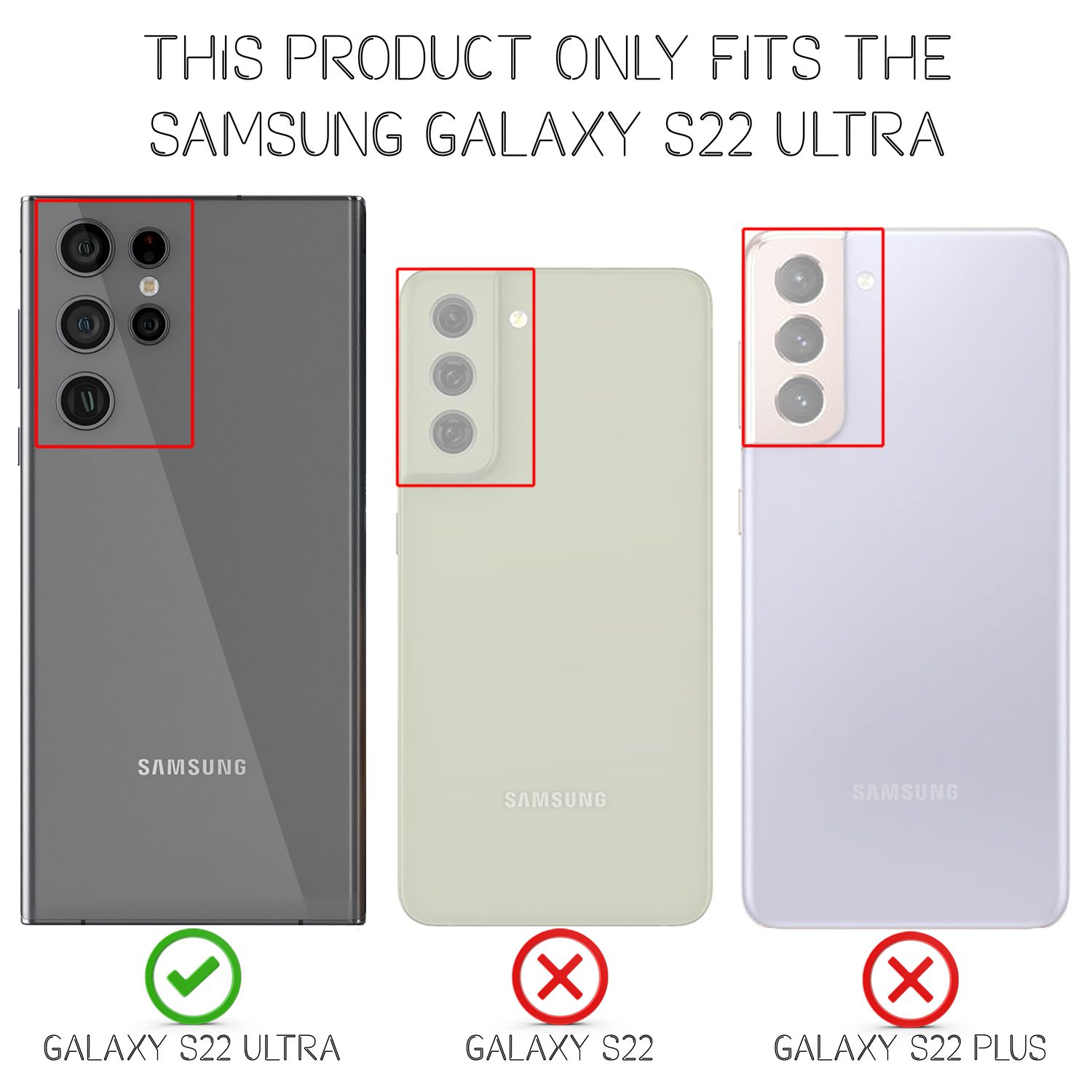 Tre telefoni; solo il Galaxy S22 Ultra è compatibile. Gli altri sono contrassegnati con una X rossa.