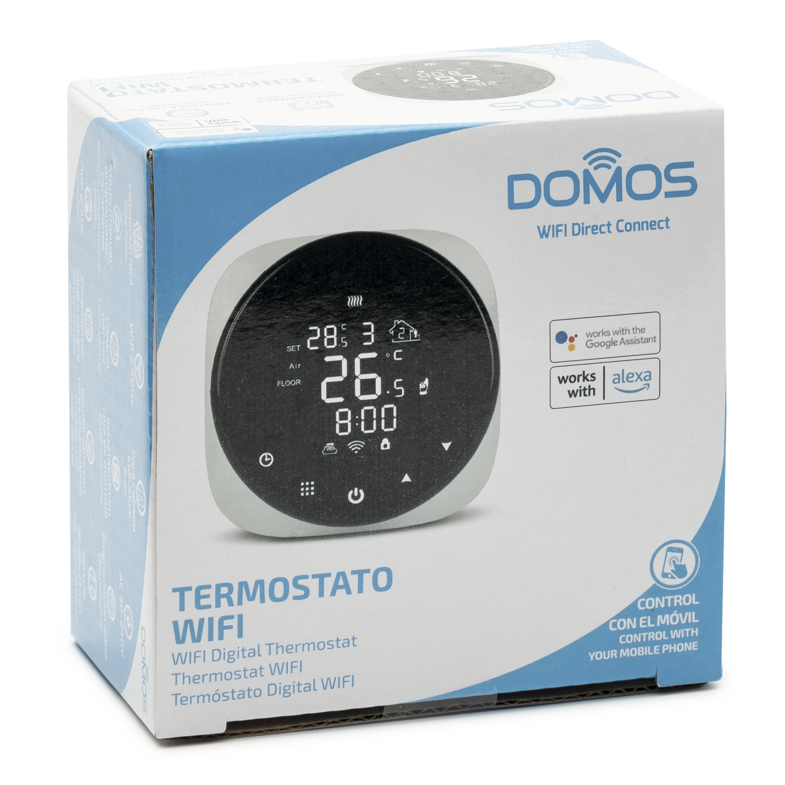 Termostato en caja con pantalla que muestra la temperatura, conexión wifi y marca.