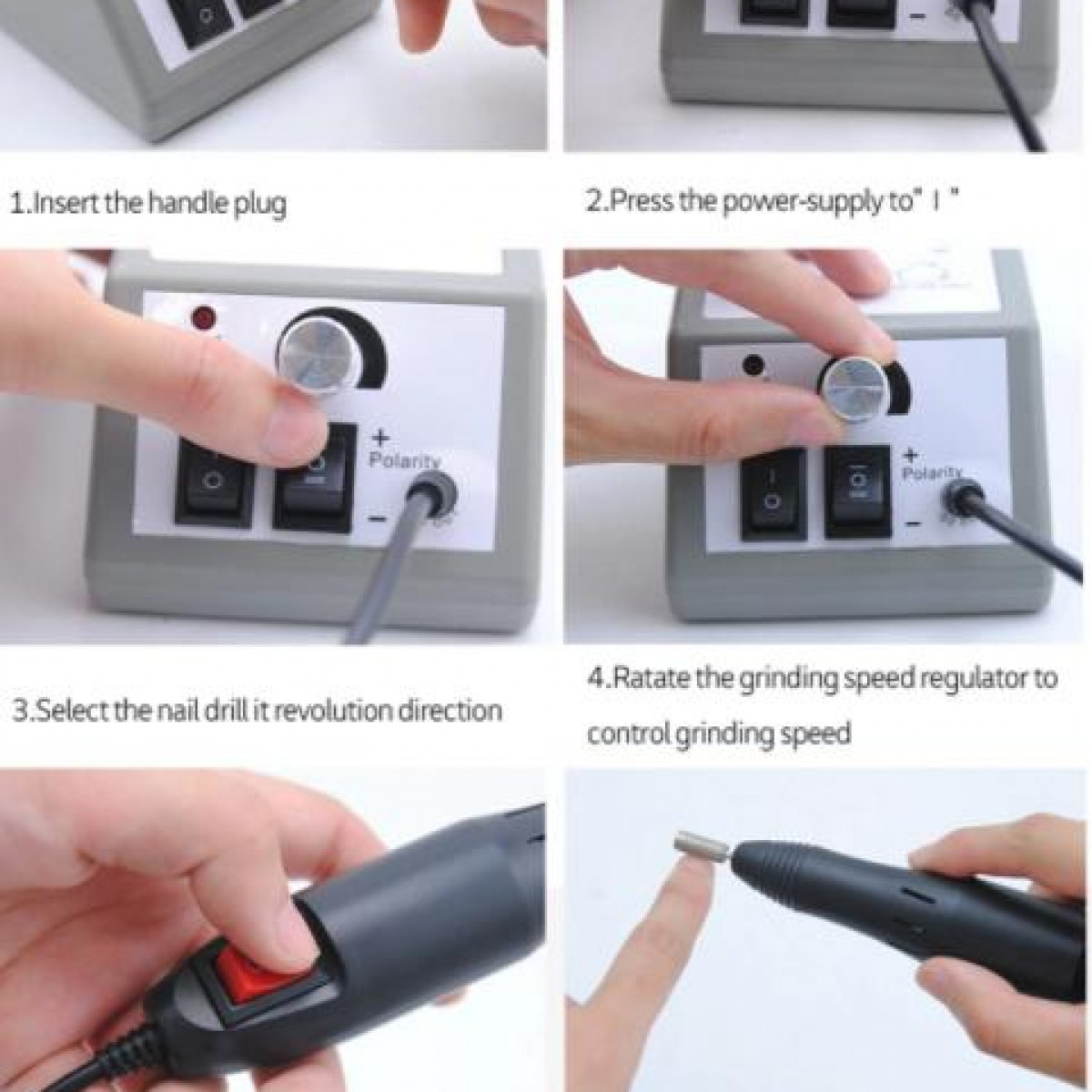 Dłonie używają wiertła do paznokci. Kroki: włożyć wtyczkę, włączyć, wybrać kierunek i kontrolować prędkość.