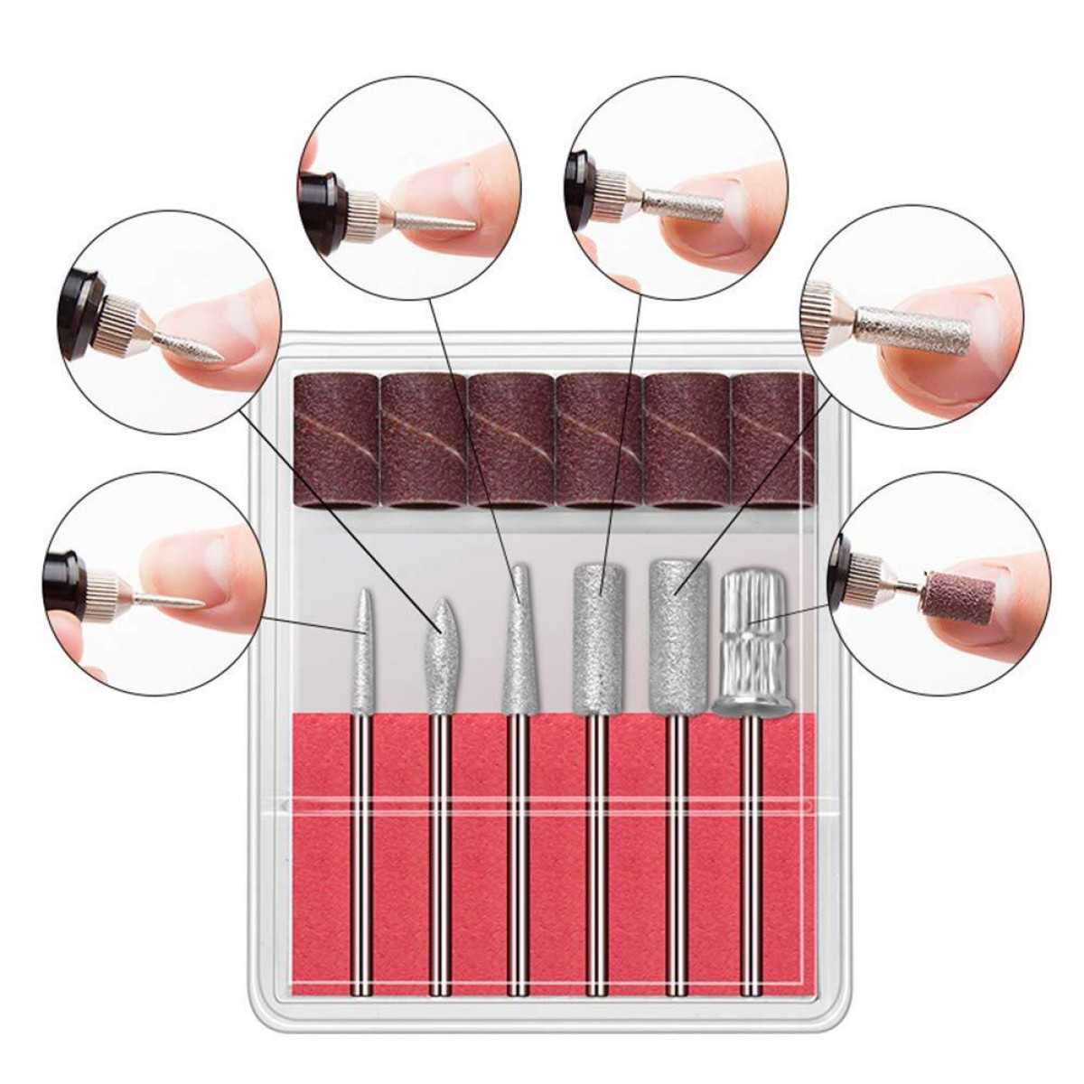 Set mit Nagelfräsbits und Werkzeugen. Die Bits sind in einem transparenten Behälter, Hände sind sichtbar.
